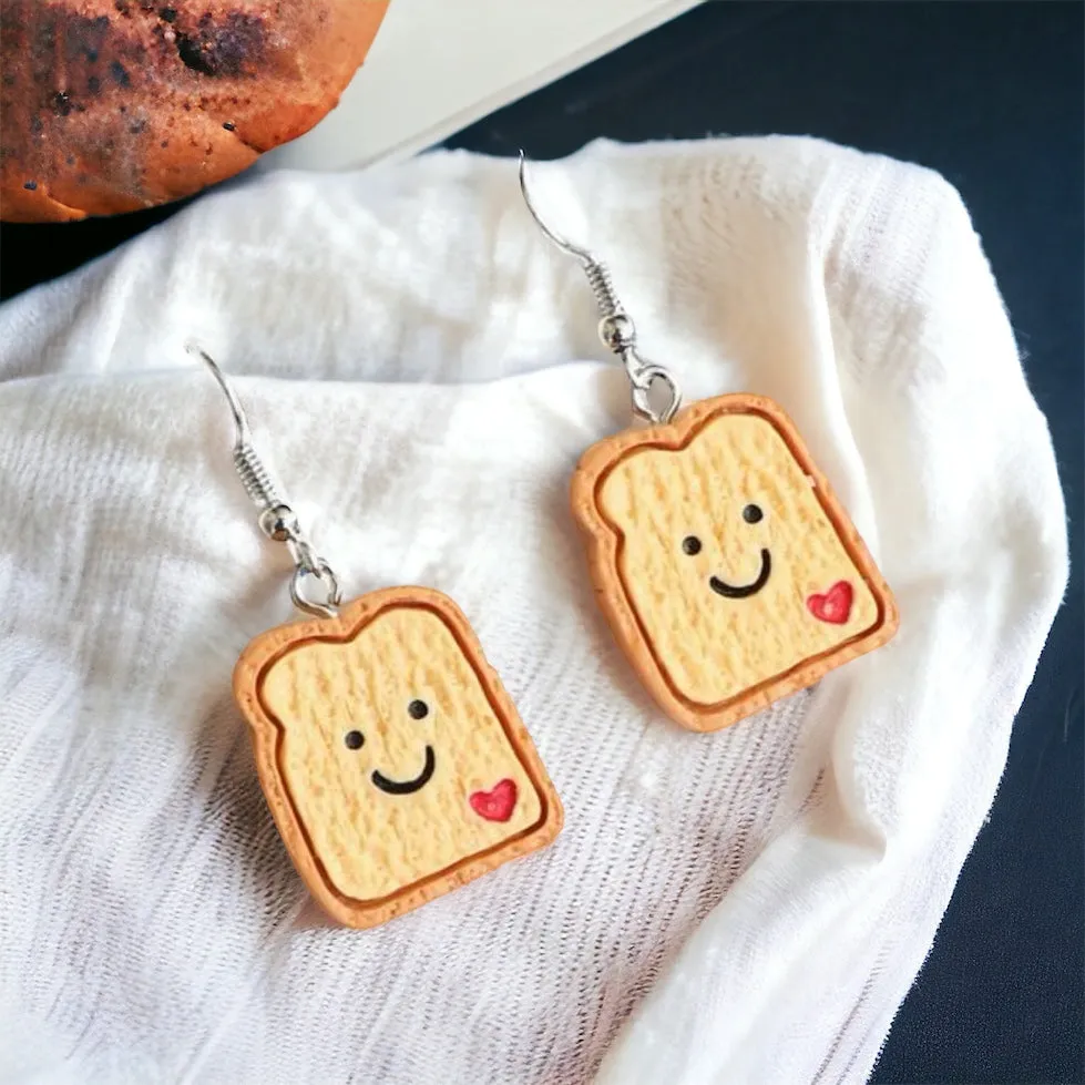 Cartoon Toast Earrings - Cartoon Earrings, Handmade Earrings, Toast Jewelry, Food Accessories