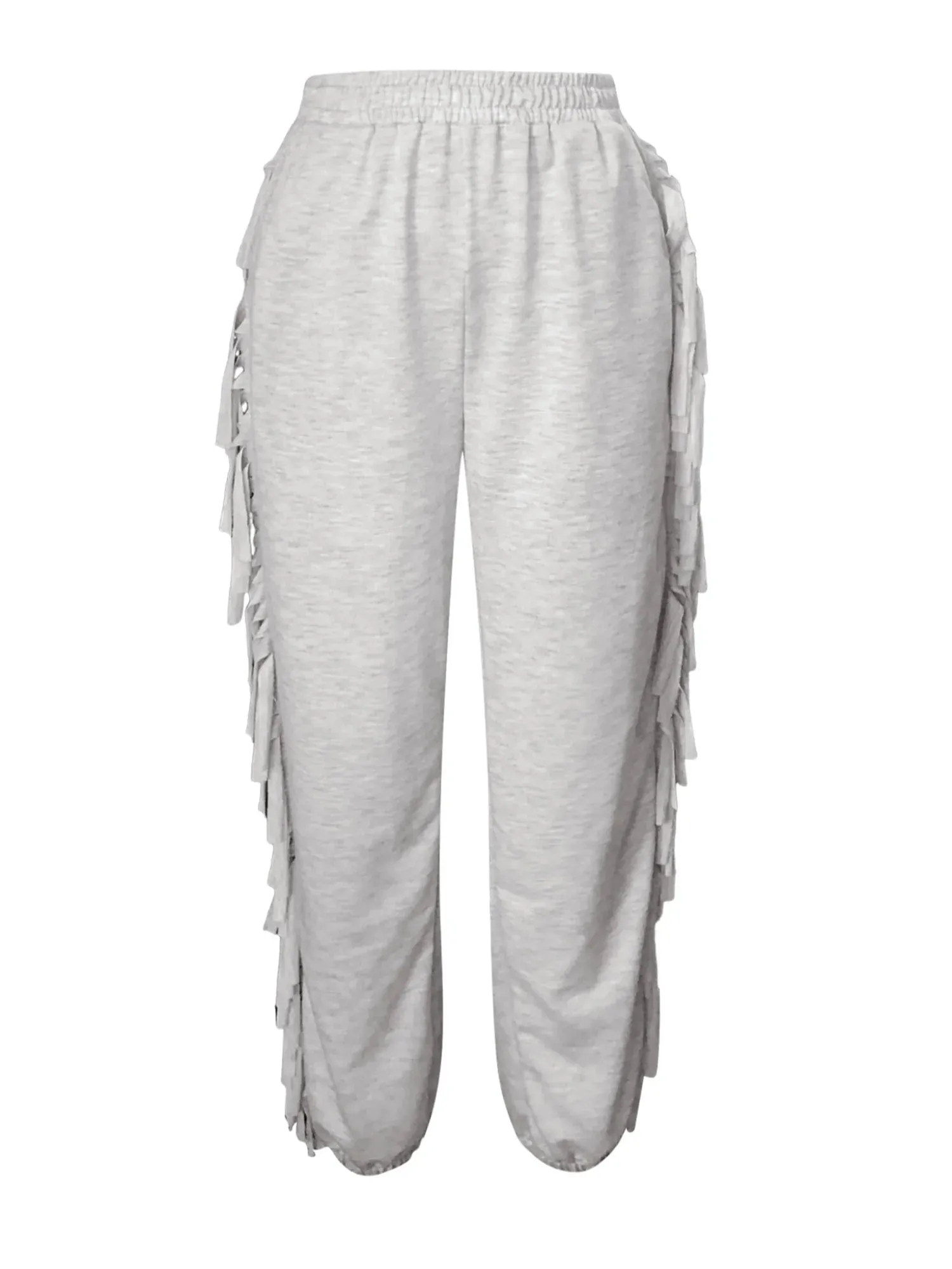 Casual Mid Waist Tassel Trim Elasti Solid Color Jogger Sweatpants