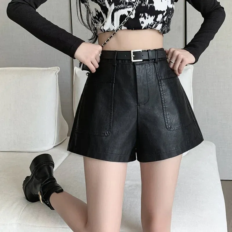 Casual Pockets High Waist PU Leather Bottoms Women 2024 Shorts