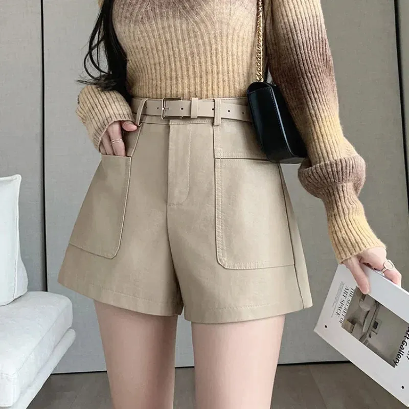 Casual Pockets High Waist PU Leather Bottoms Women 2024 Shorts