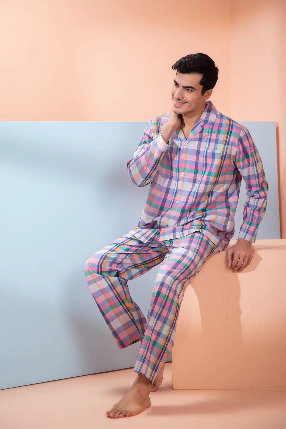 Check Cotton Classic Collar Night suit