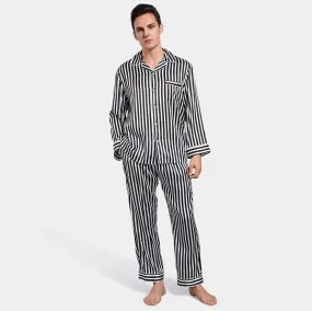 Classic 100% Mulberry Black And White Stripe  Mens Striped Long Silk Pajama Set for Men