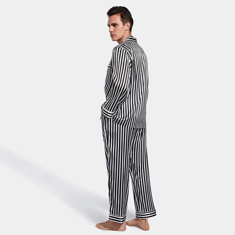 Classic 100% Mulberry Black And White Stripe  Mens Striped Long Silk Pajama Set for Men