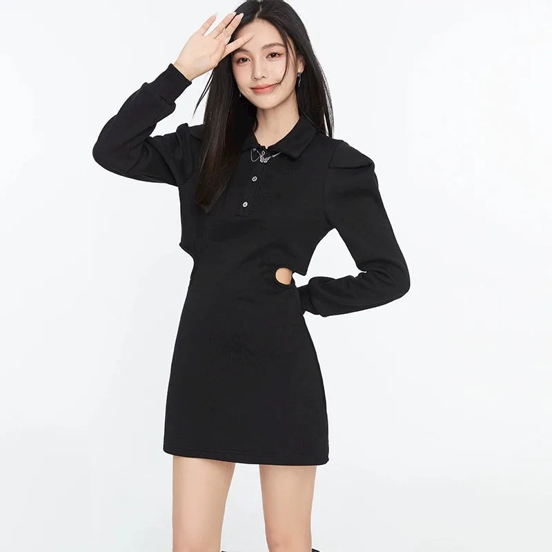 Collared Long Sleeve Side-Cutout Mini Shirt Dress