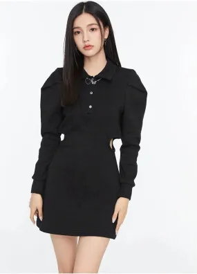 Collared Long Sleeve Side-Cutout Mini Shirt Dress