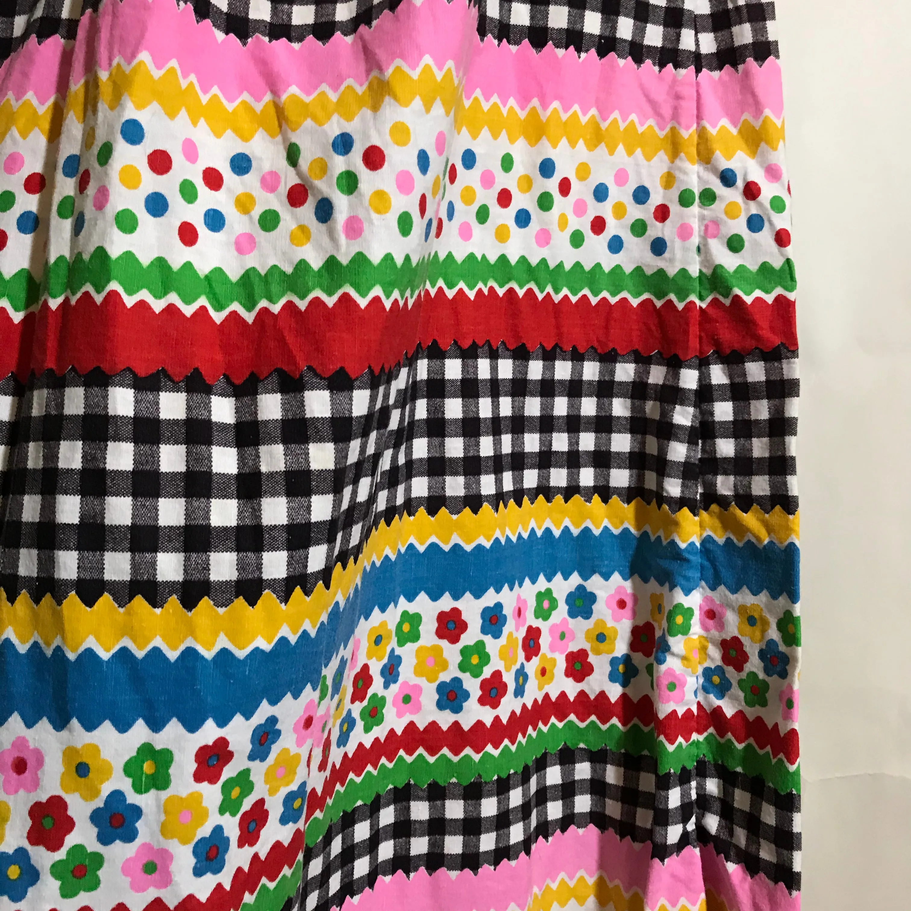 Colorful Ric Rac and Polka Dot Print Cotton Maxi Dress circa 1970s