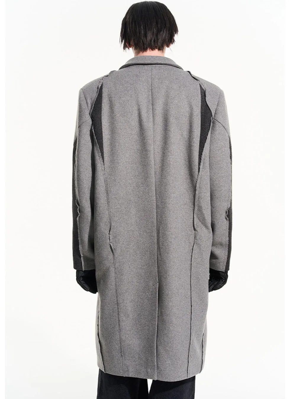 Contrast color stitching mid-length wool coat