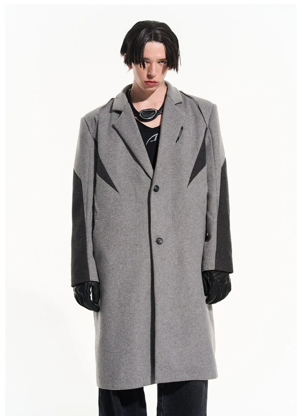 Contrast color stitching mid-length wool coat