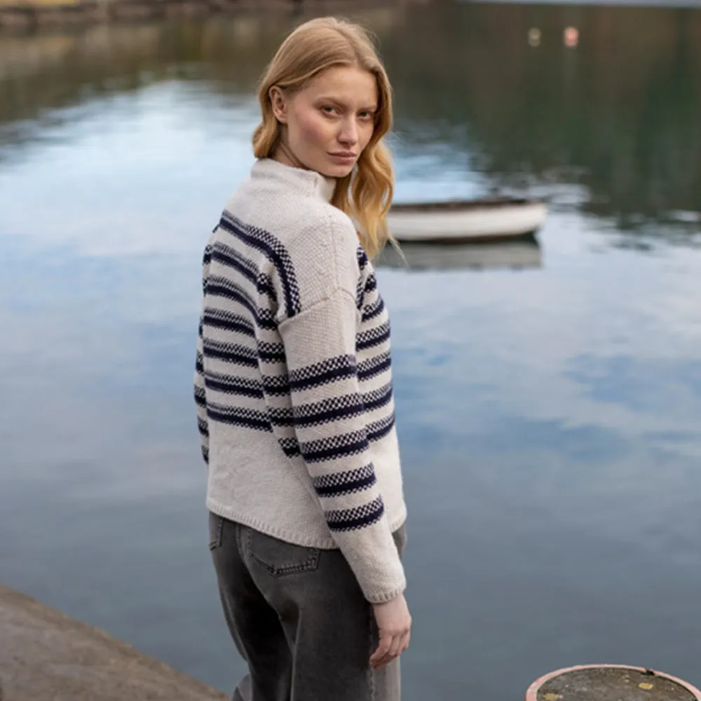 Cream and Navy Stripe Mock Neck Sweater