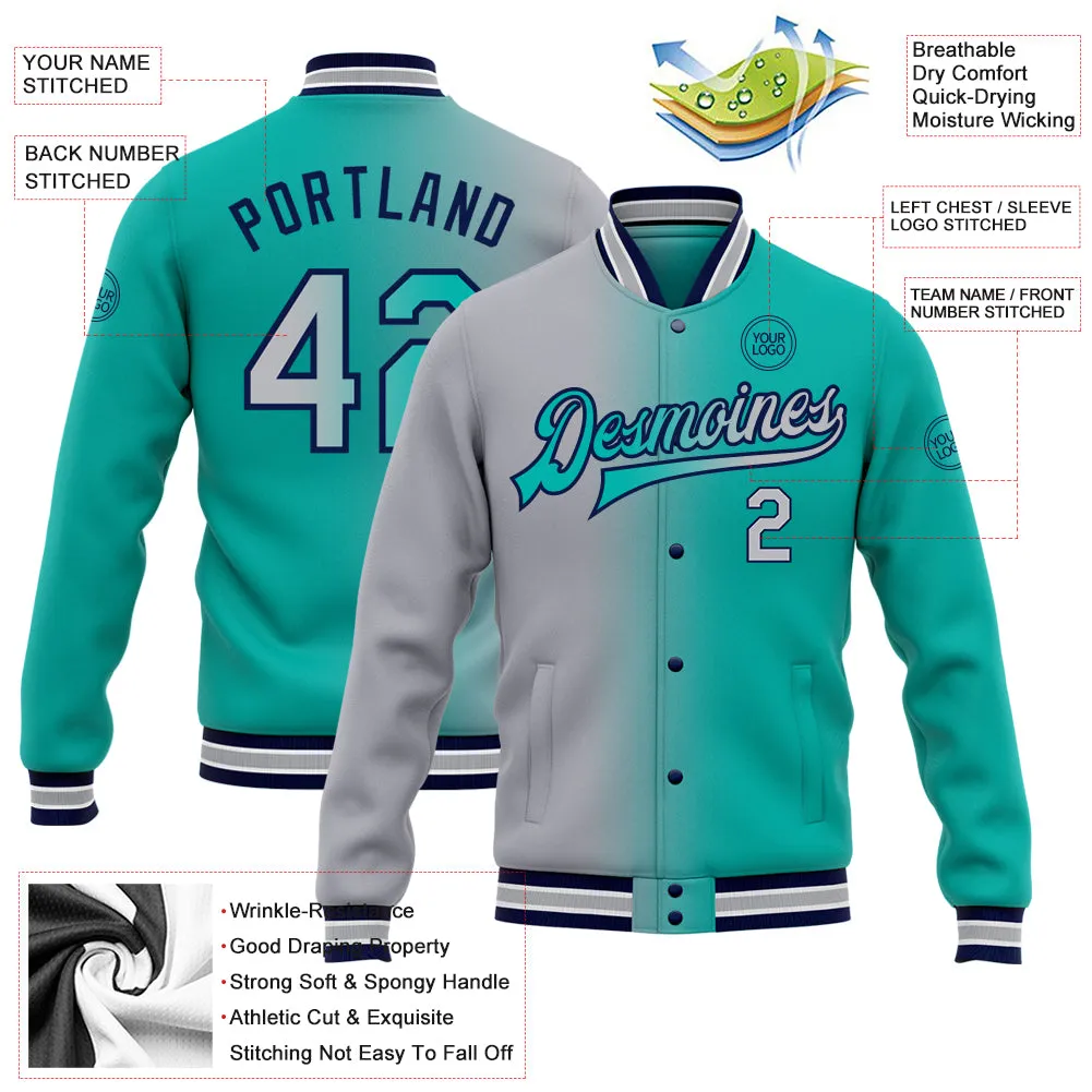 Custom Aqua Gray-Navy Bomber Full-Snap Varsity Letterman Gradient Fashion Jacket