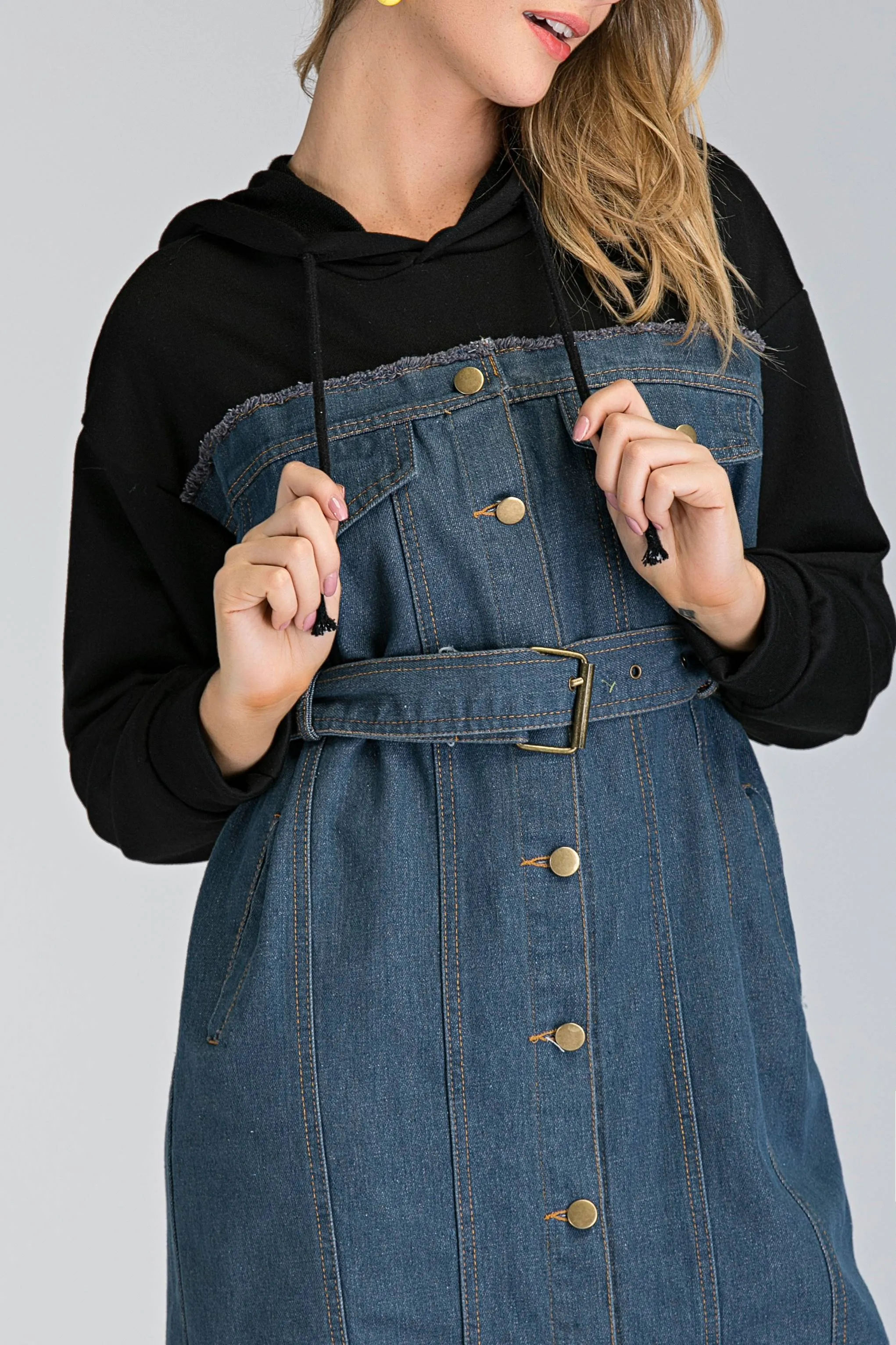 Denim and Hoodie Button Up Midi Dress