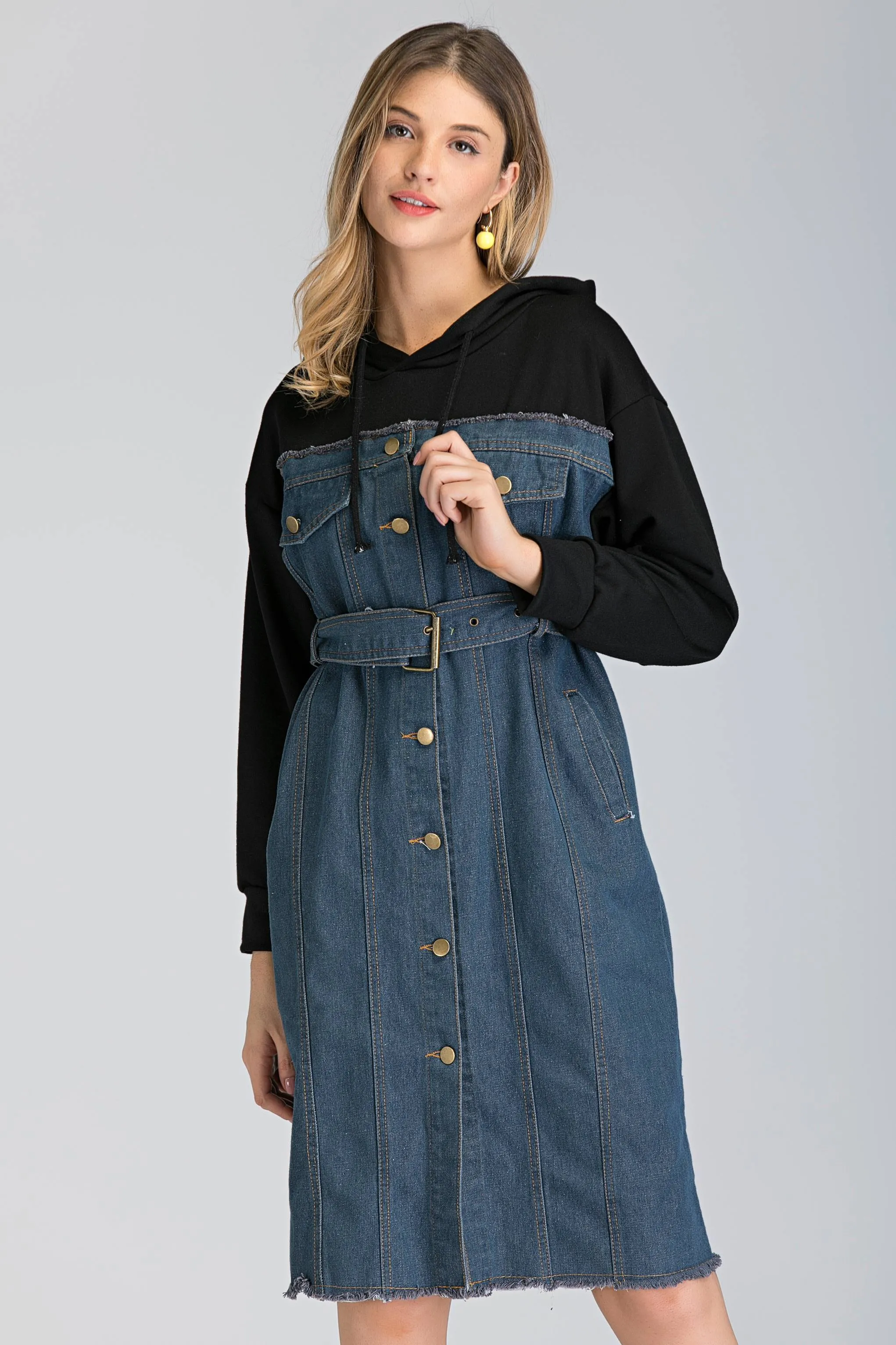 Denim and Hoodie Button Up Midi Dress