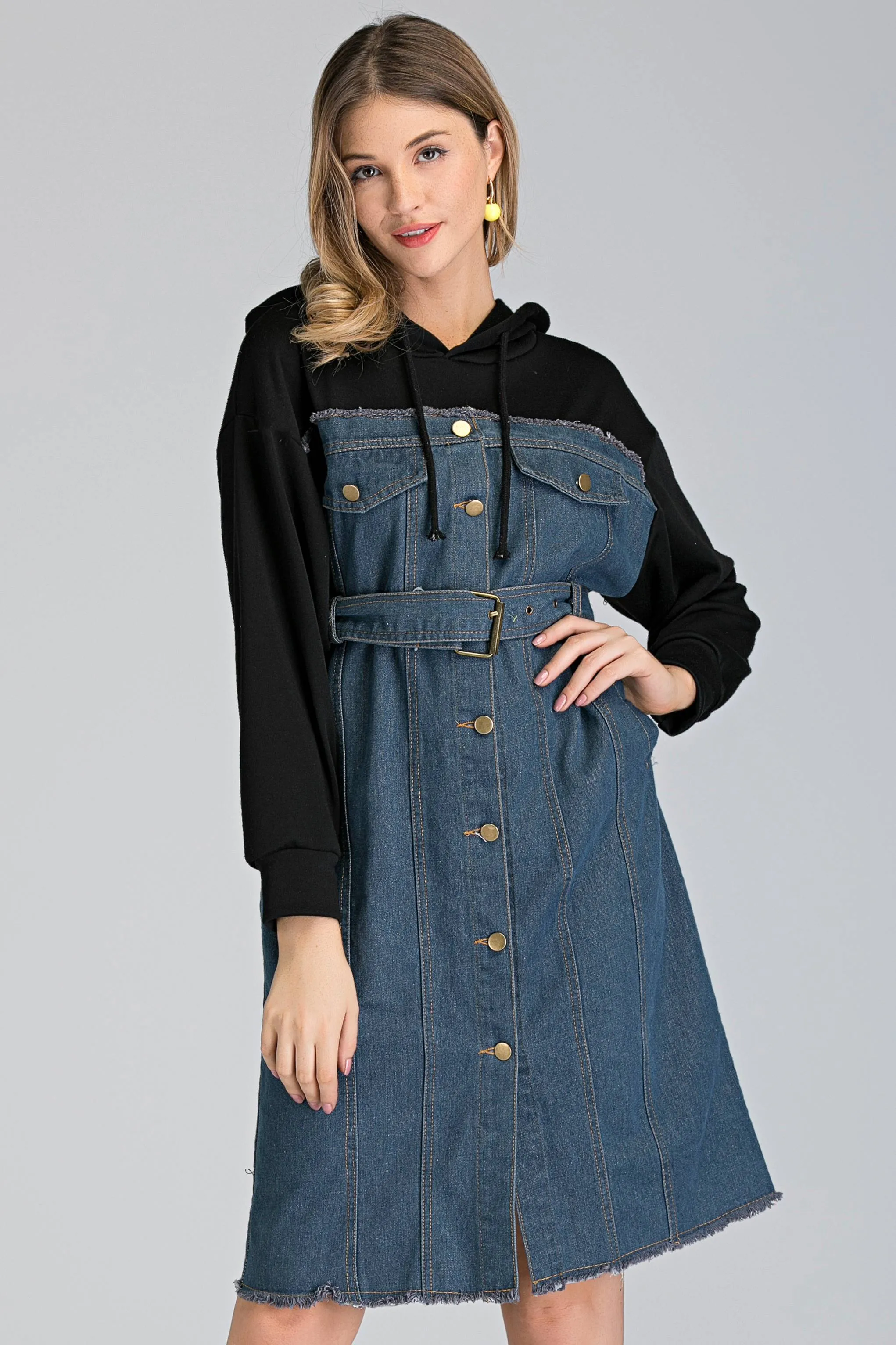 Denim and Hoodie Button Up Midi Dress