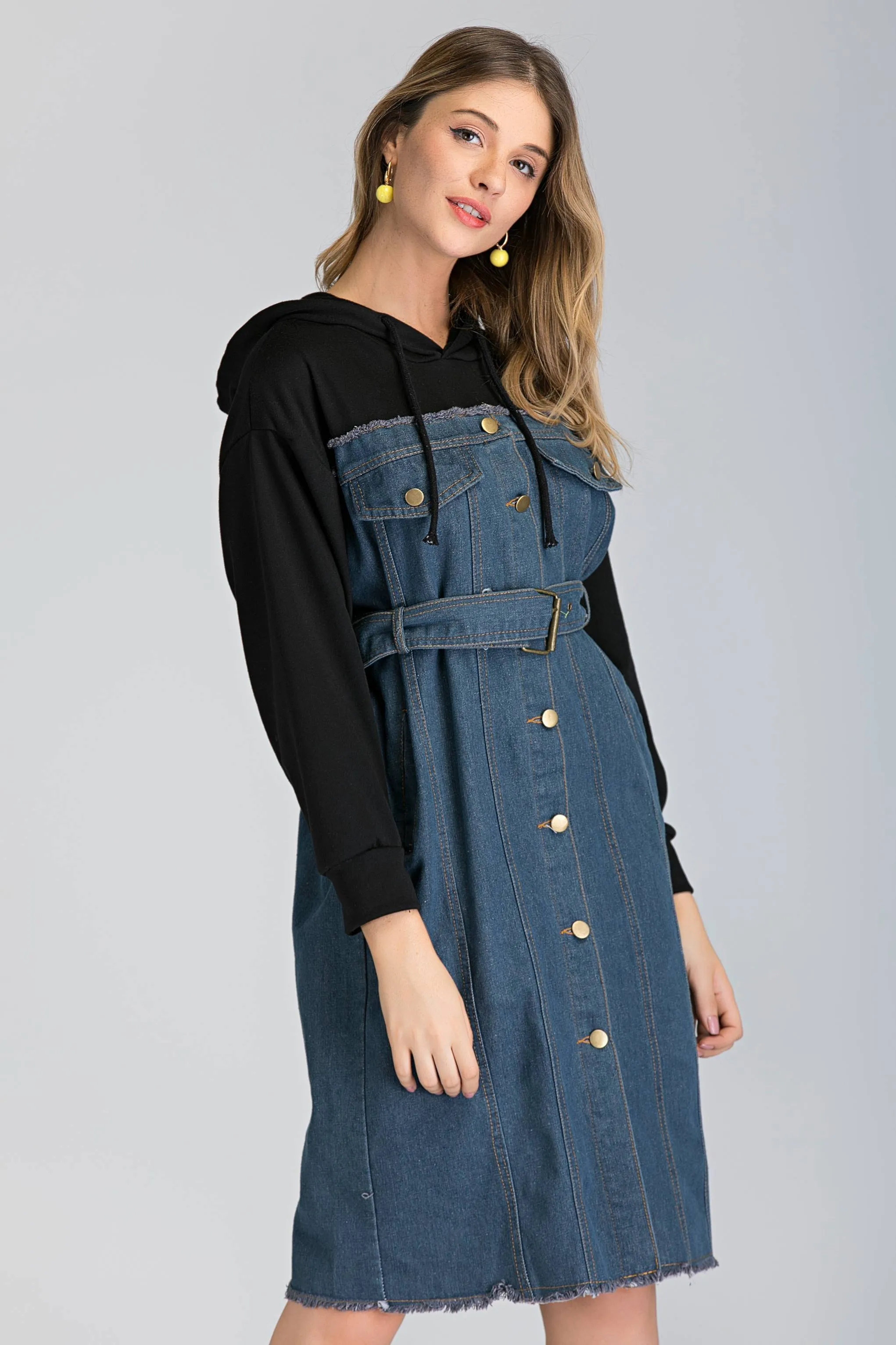 Denim and Hoodie Button Up Midi Dress