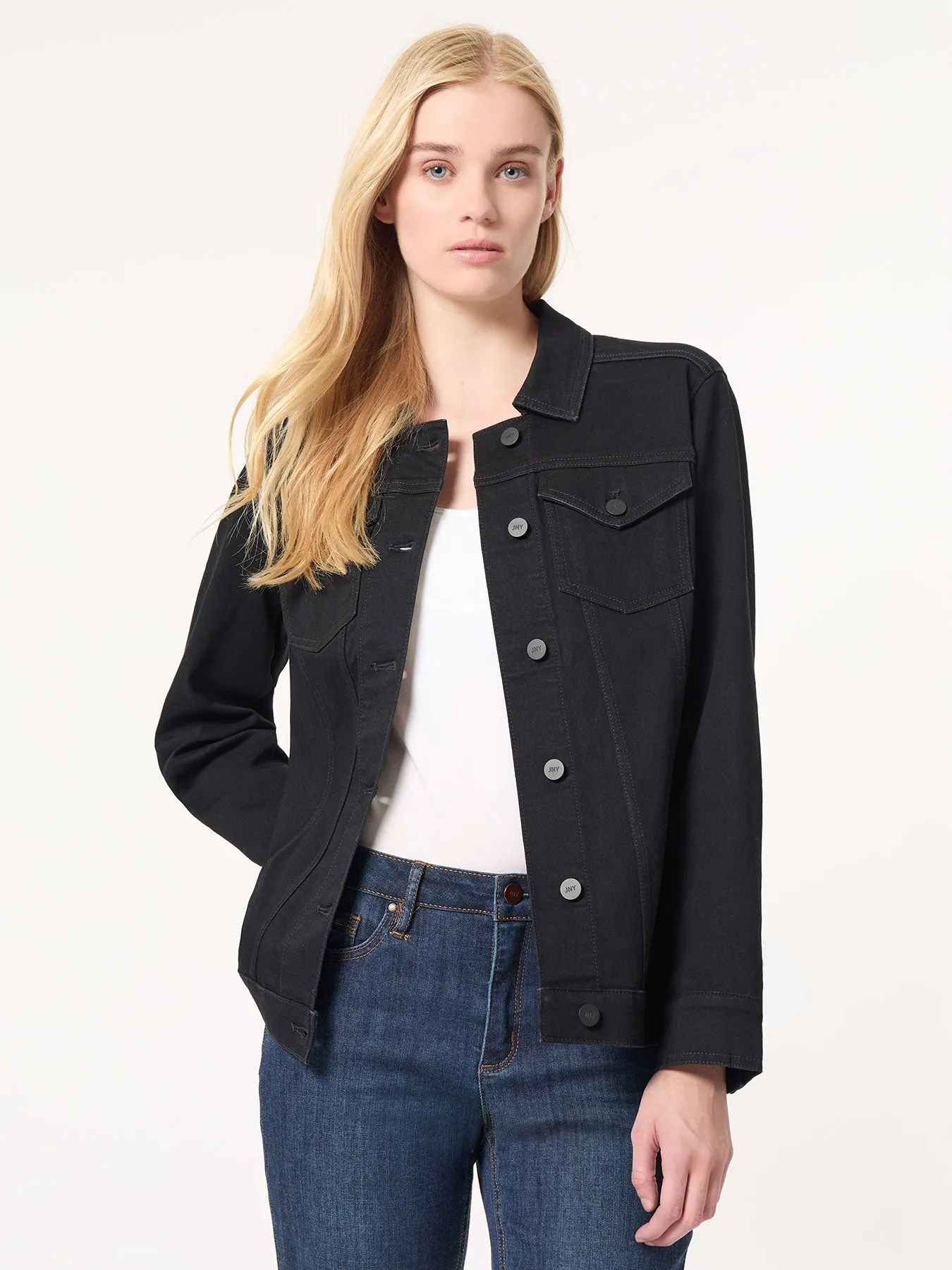 Denim Belted Button-Front Jacket, Onyx Wash