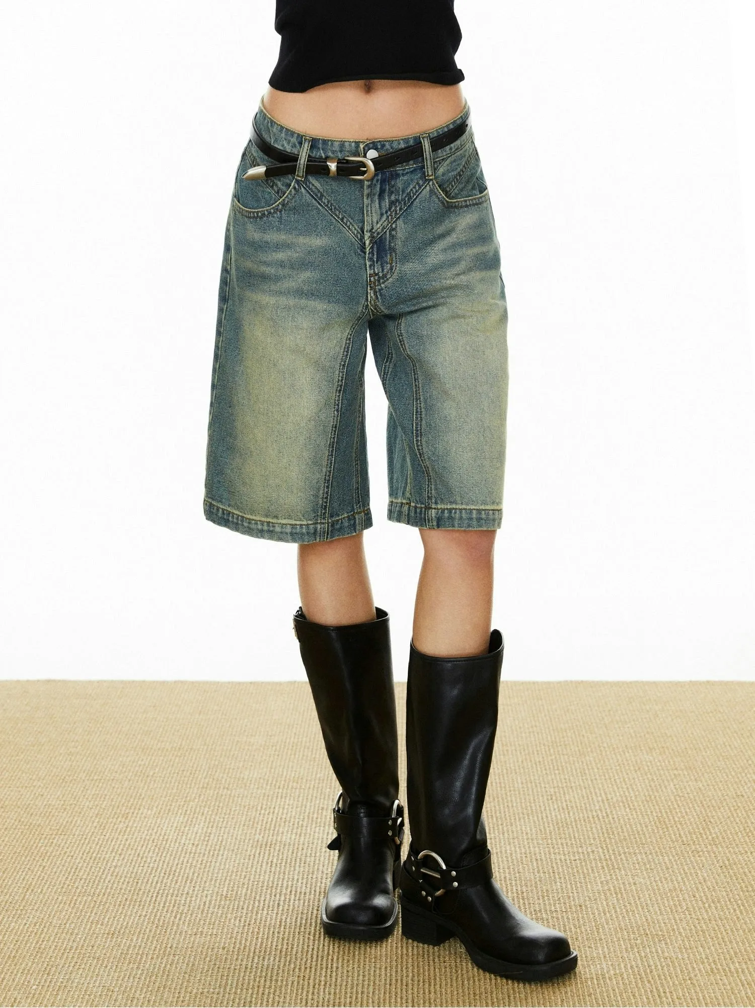 Denim Bermuda Shorts with Contrast Stitching