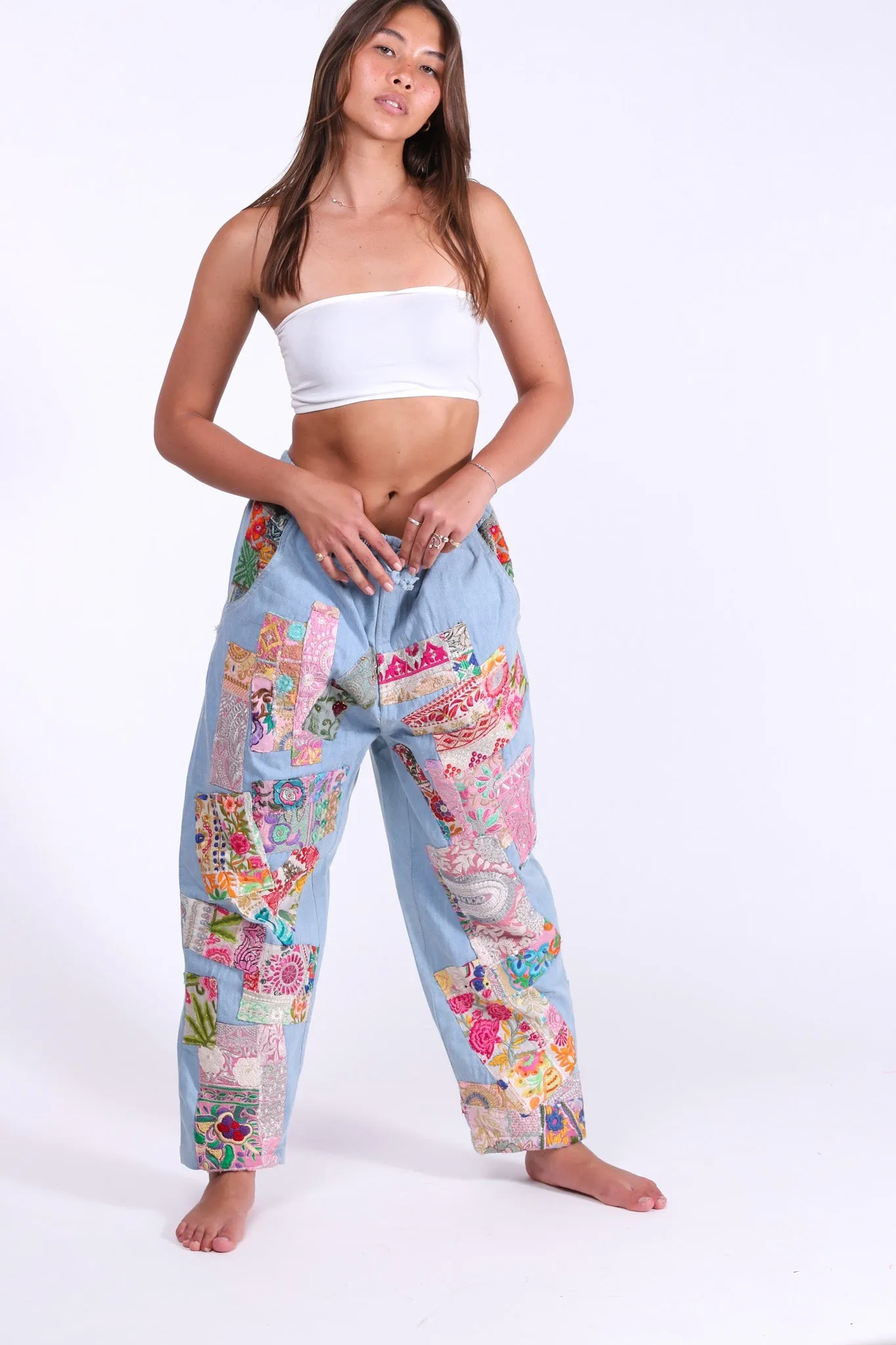 DENIM EMBROIDERED PATCHWORK SWEATPANTS