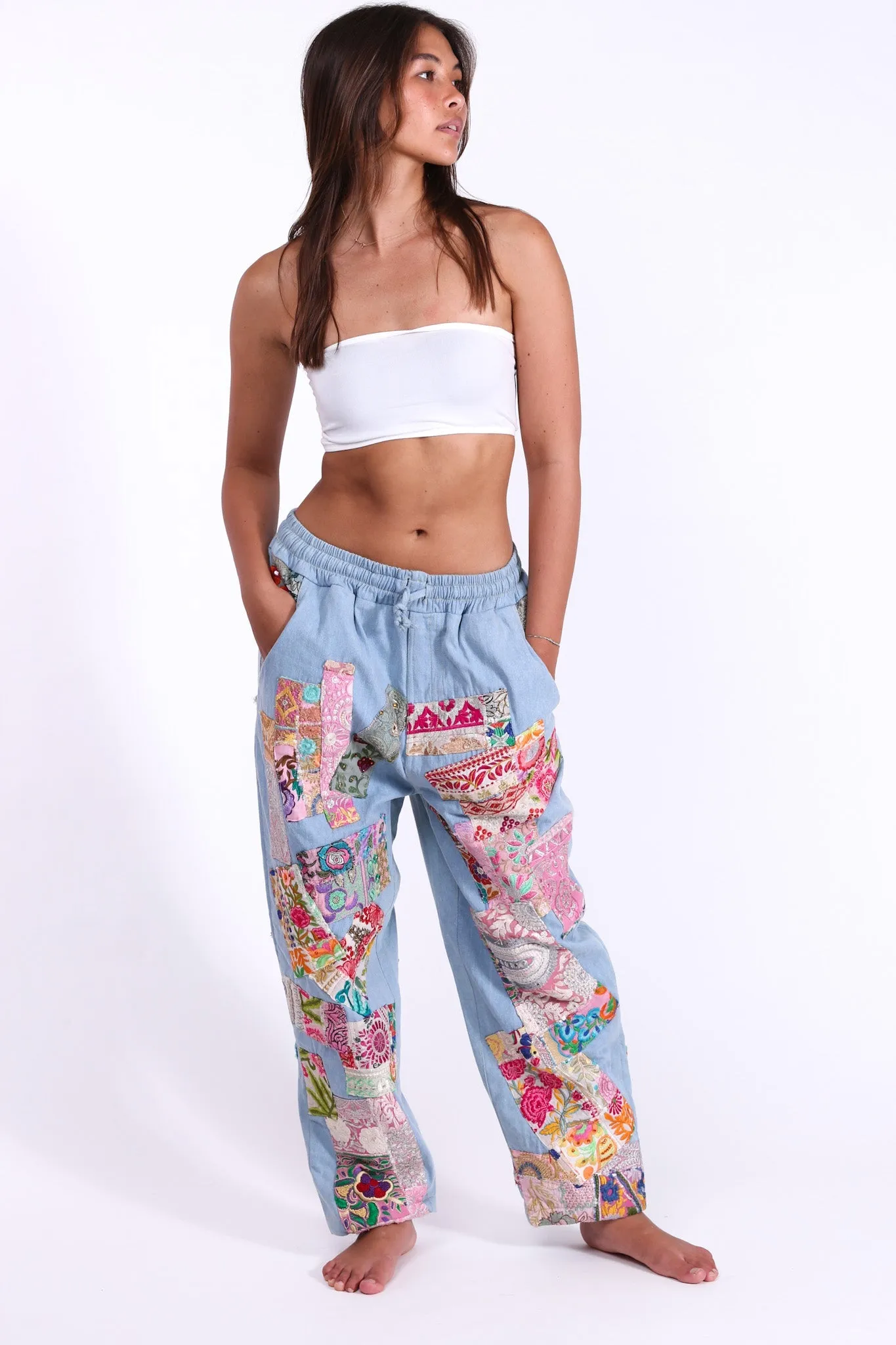 DENIM EMBROIDERED PATCHWORK SWEATPANTS