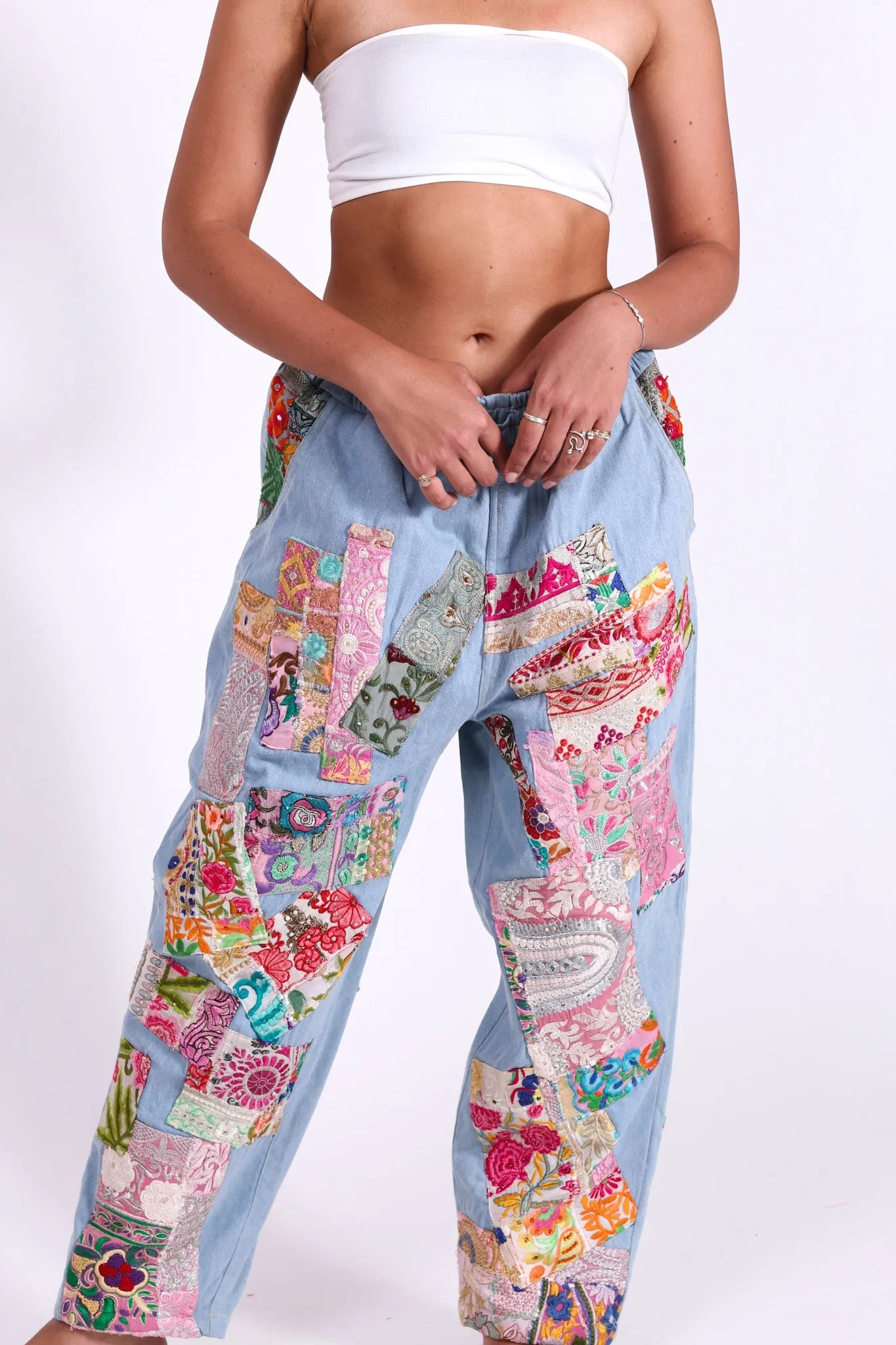 DENIM EMBROIDERED PATCHWORK SWEATPANTS