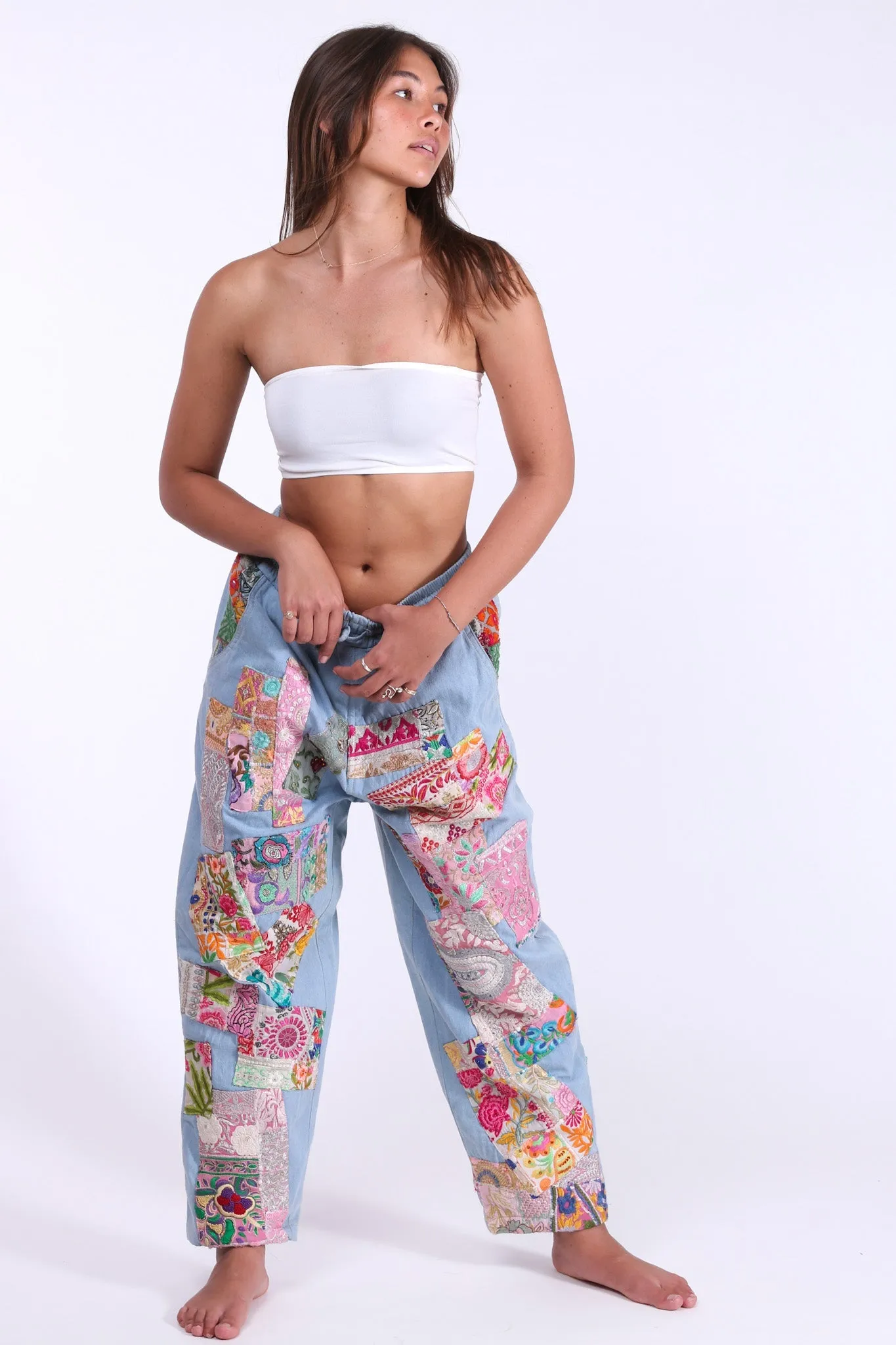 DENIM EMBROIDERED PATCHWORK SWEATPANTS