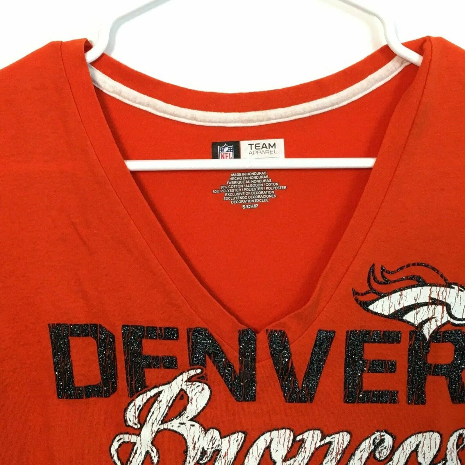 Denver Broncos NFL Team Apparel Womens Size S Orange V-Neck T-Shirt Blue Sparkle