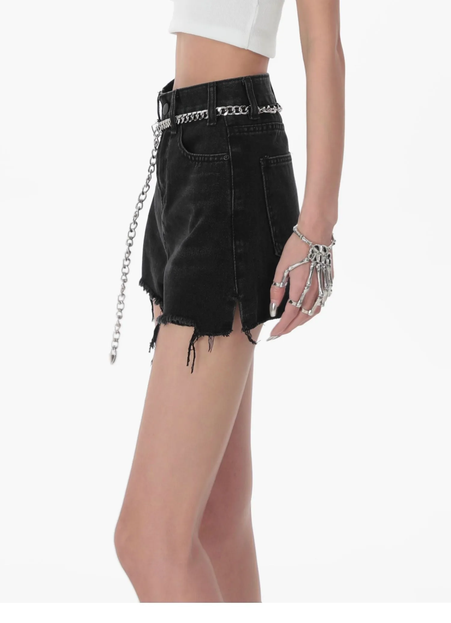 Distressed Hem Shorts with Chain Belt