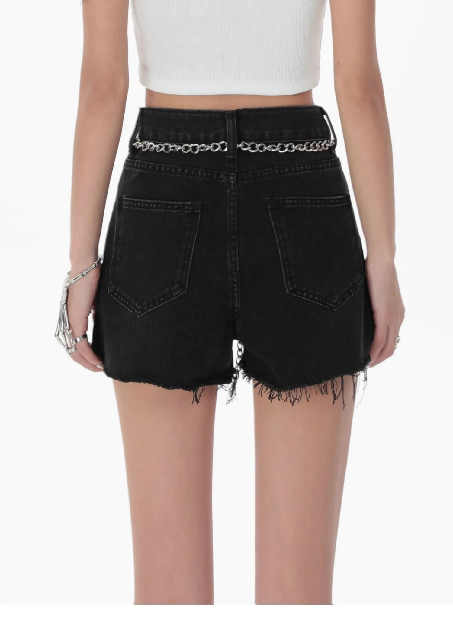 Distressed Hem Shorts with Chain Belt