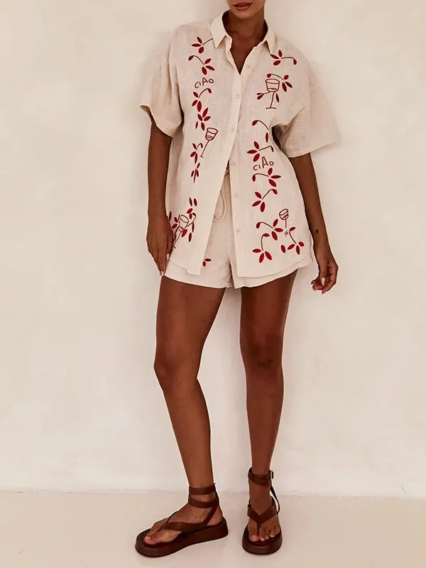 Embroidery Button Shorts Shirt Set