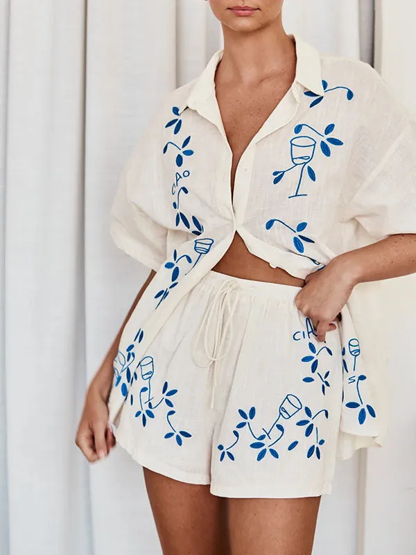 Embroidery Button Shorts Shirt Set