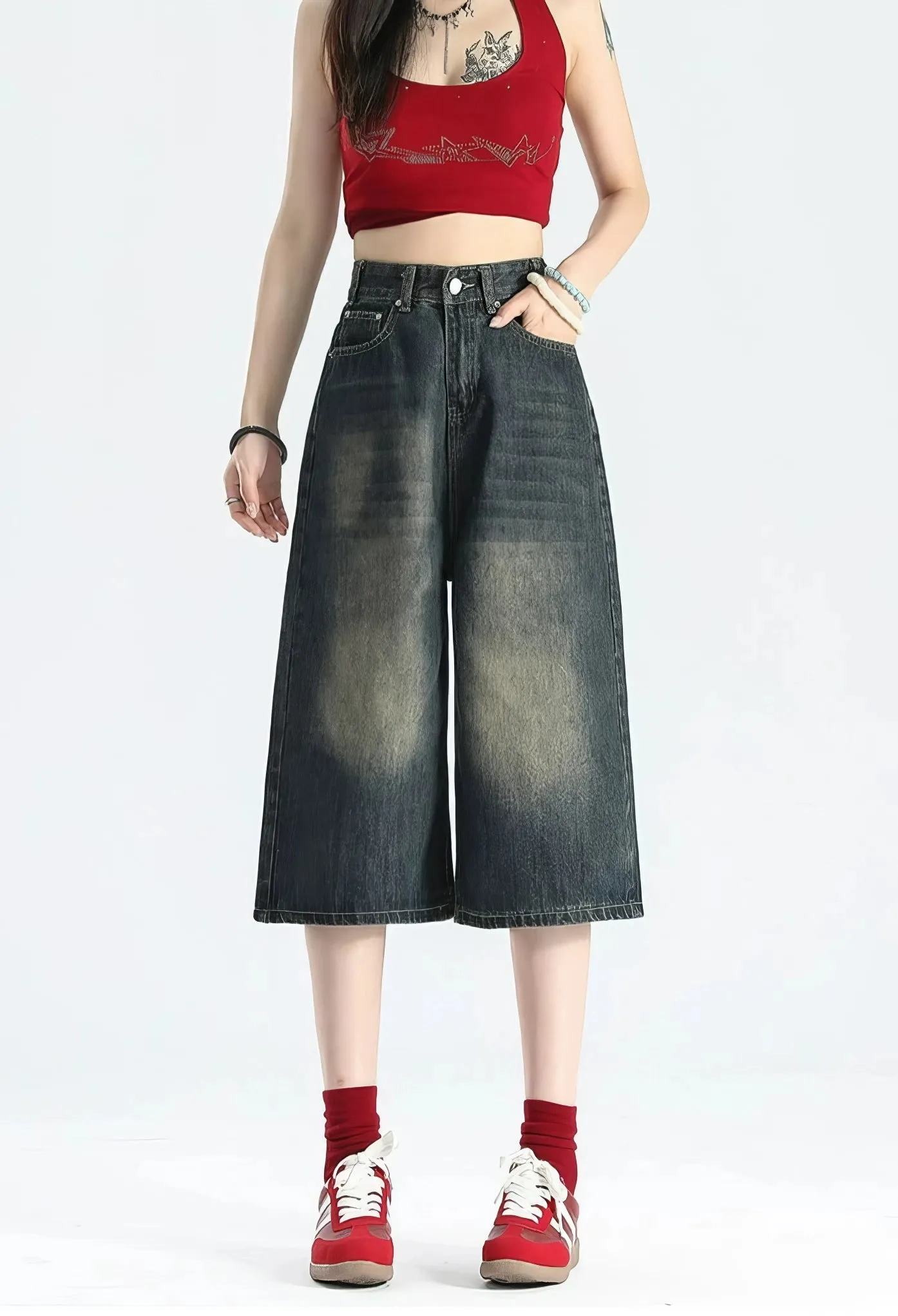 Faded Wide-Leg Denim Bermuda Capri Culotte Shorts