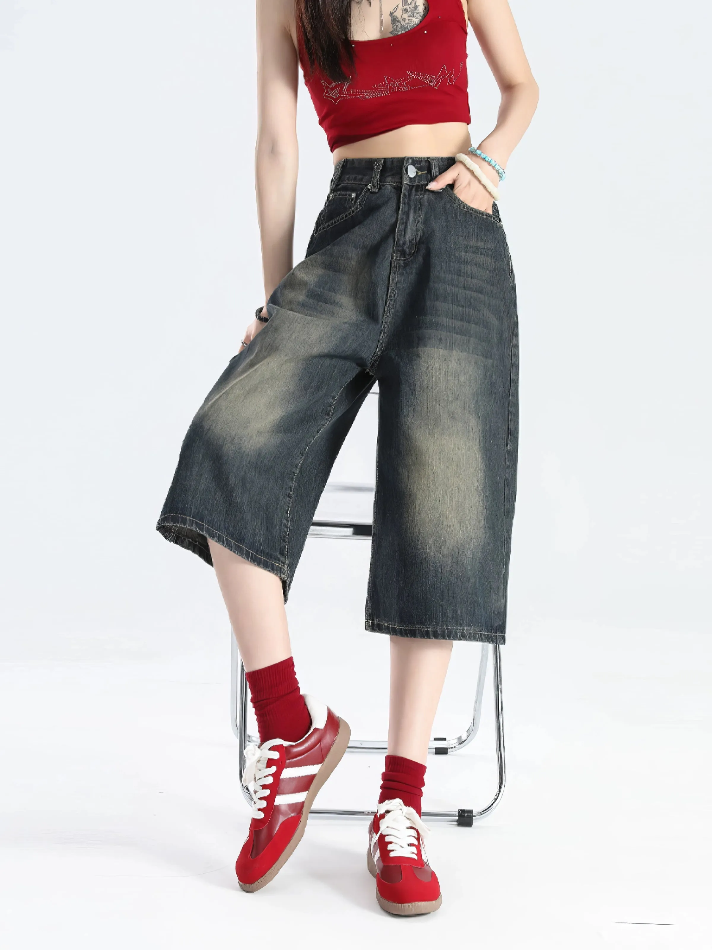 Faded Wide-Leg Denim Bermuda Capri Culotte Shorts