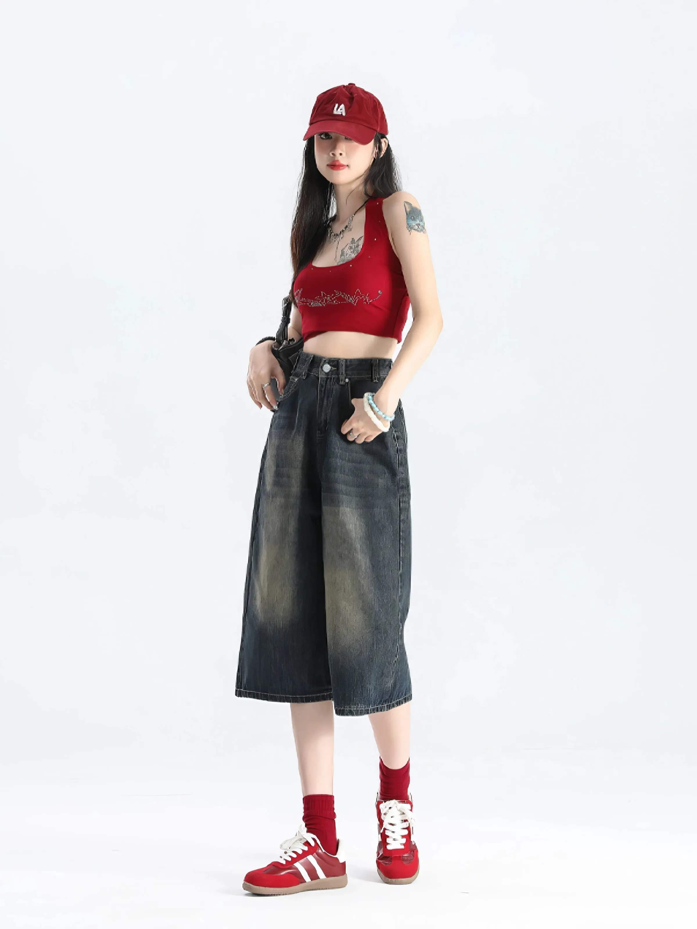 Faded Wide-Leg Denim Bermuda Capri Culotte Shorts