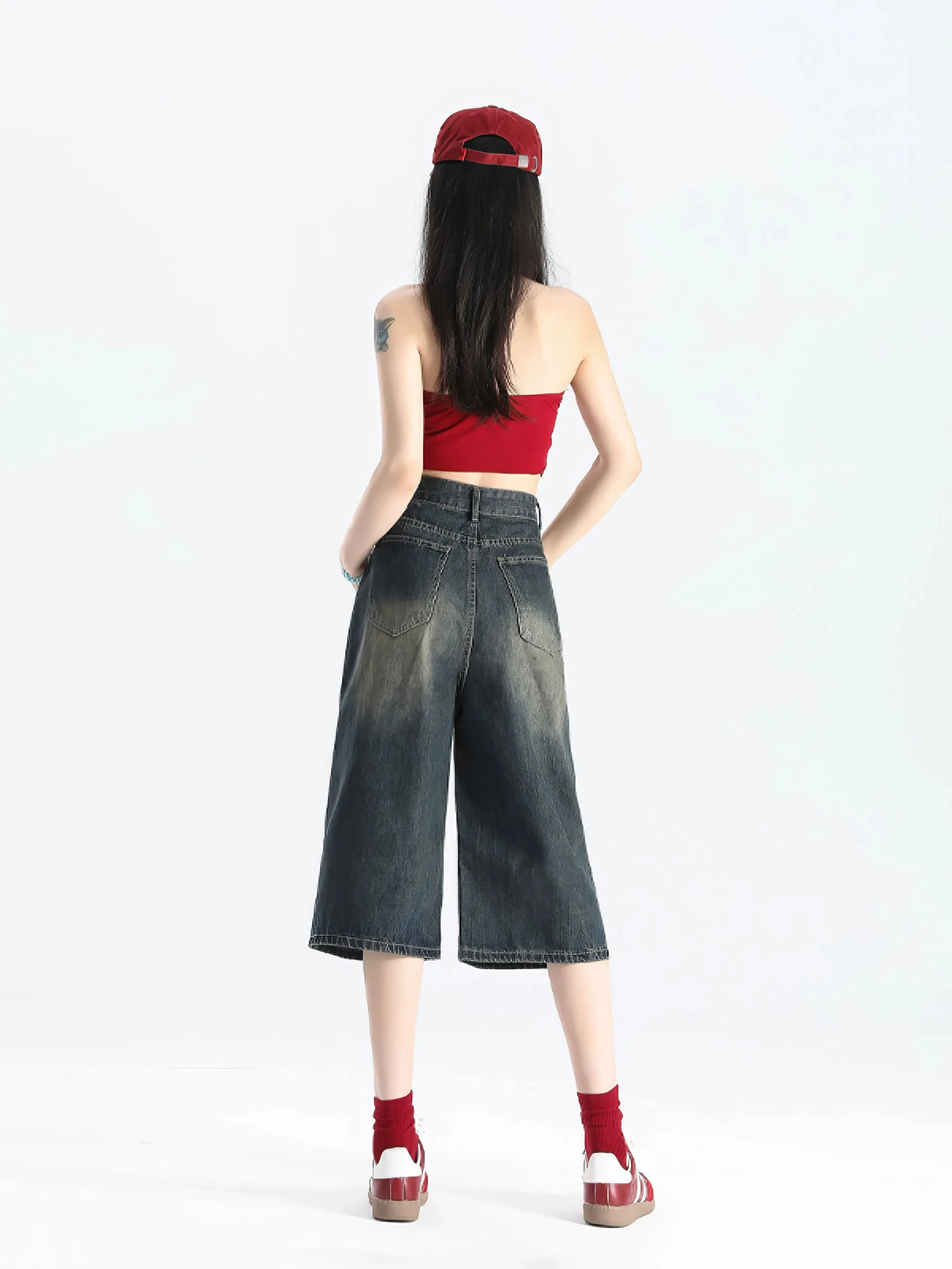 Faded Wide-Leg Denim Bermuda Capri Culotte Shorts