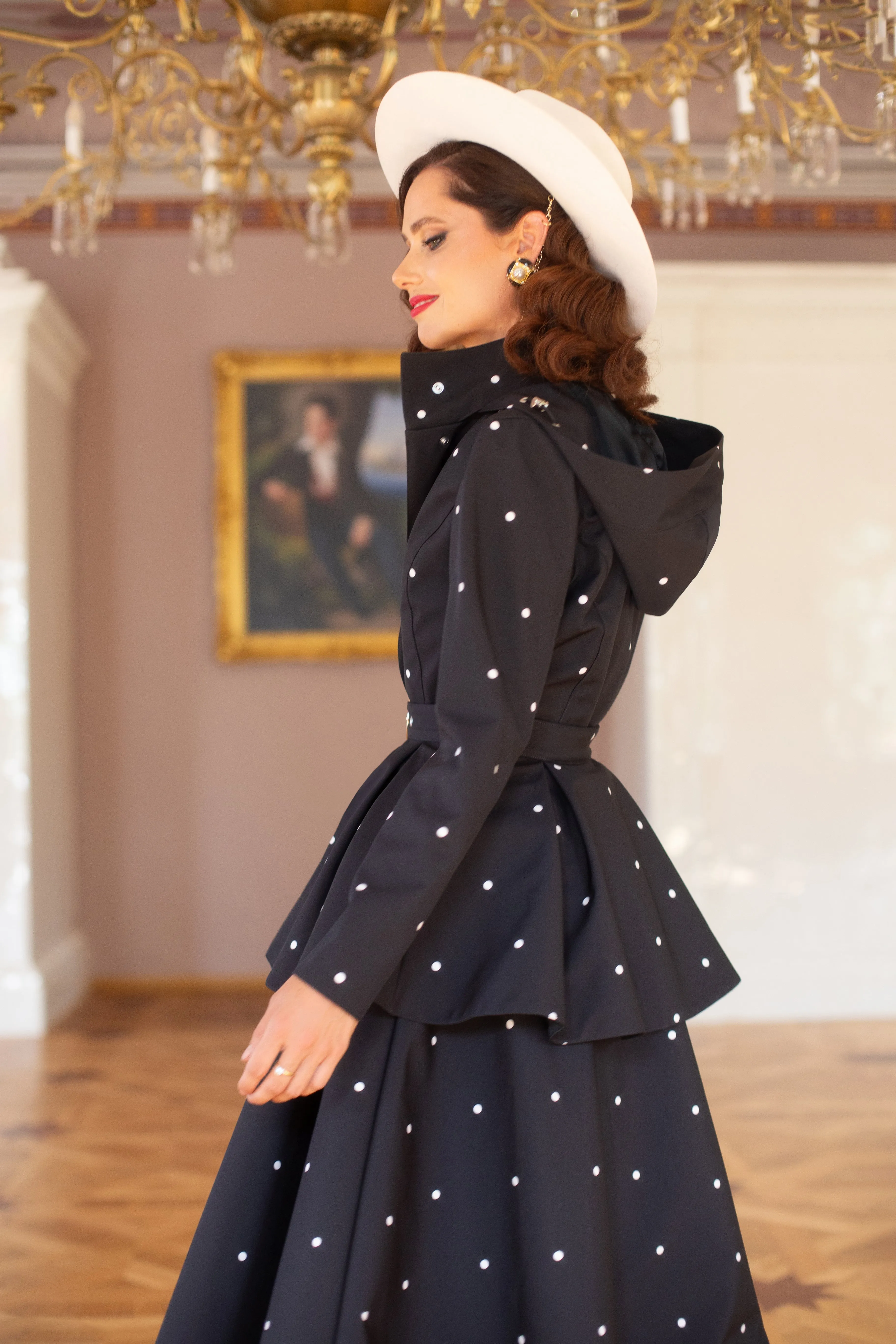 Fitted and Flared Coat with A-Line Skirt in Black | 'Timeless Polka Dots'