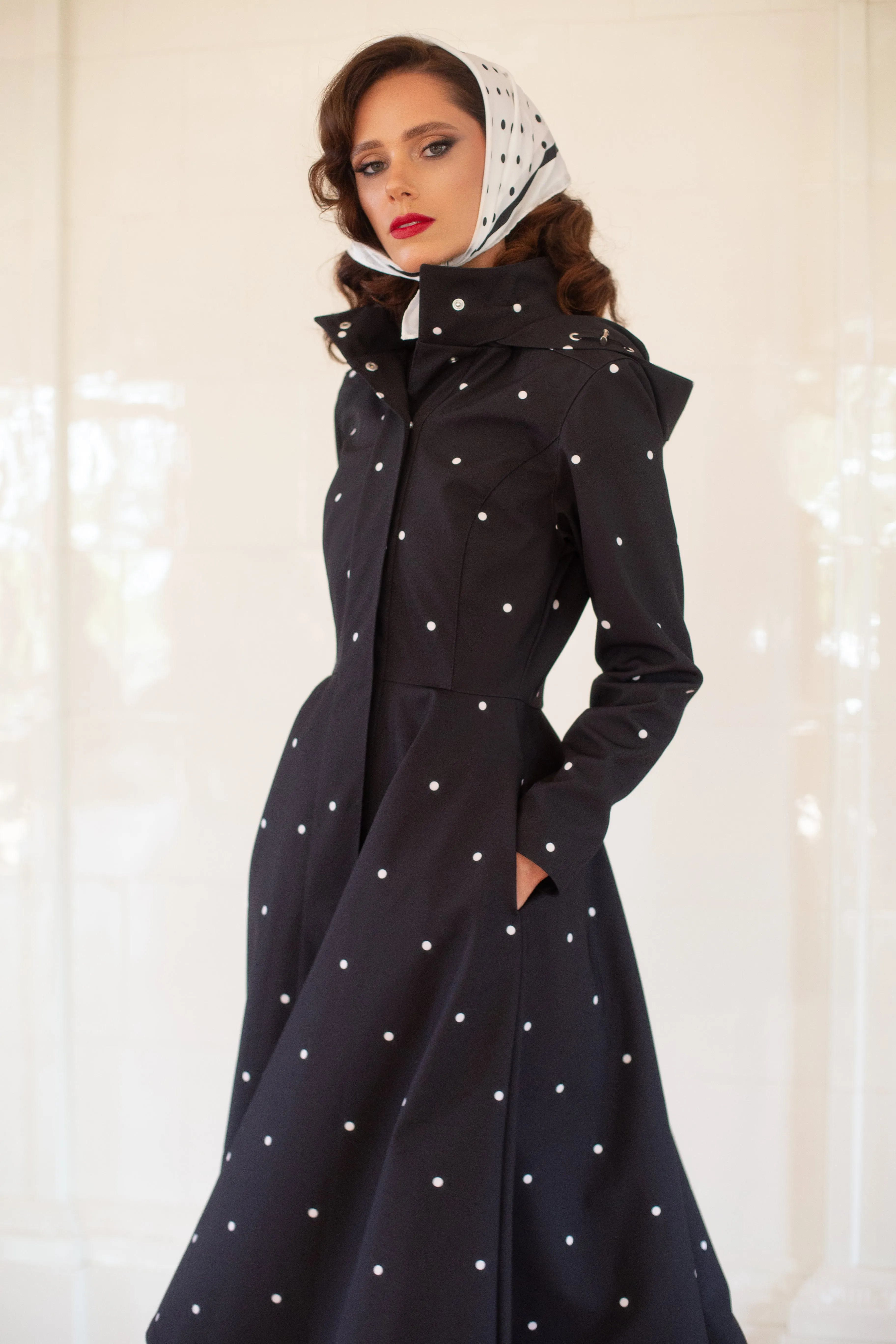 Fitted and Flared Coat with A-Line Skirt in Black | 'Timeless Polka Dots'