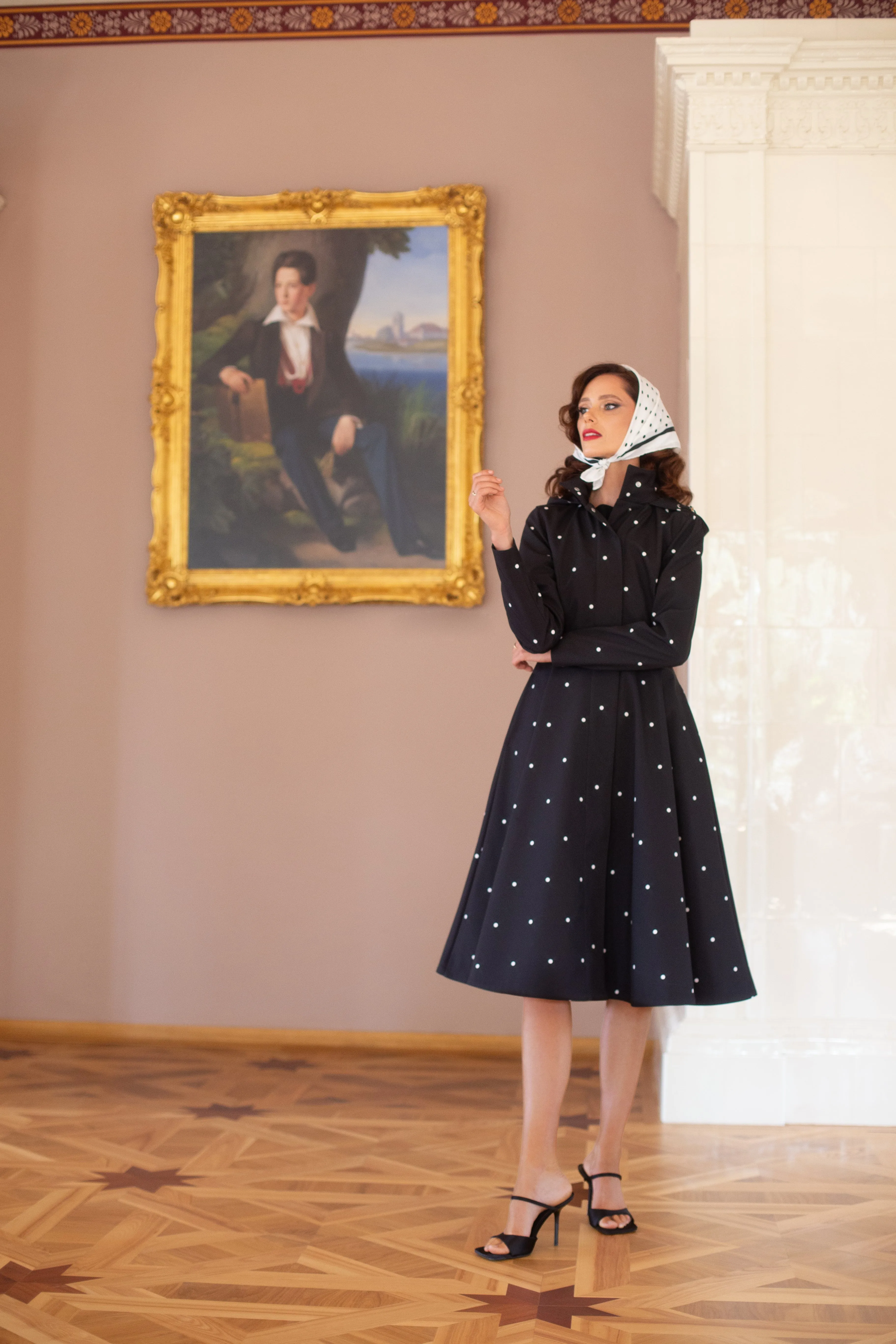 Fitted and Flared Coat with A-Line Skirt in Black | 'Timeless Polka Dots'