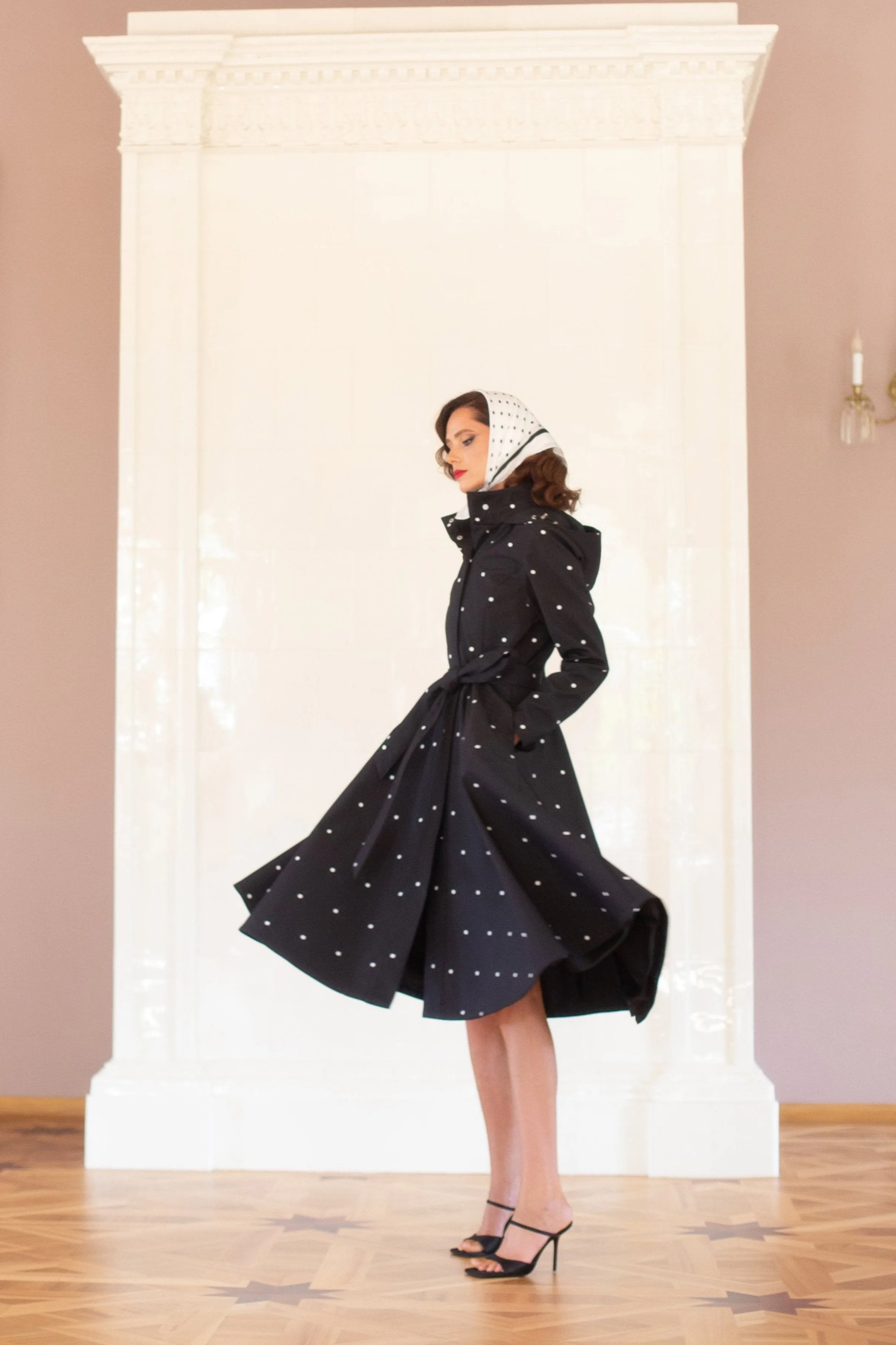 Fitted and Flared Coat with A-Line Skirt in Black | 'Timeless Polka Dots'