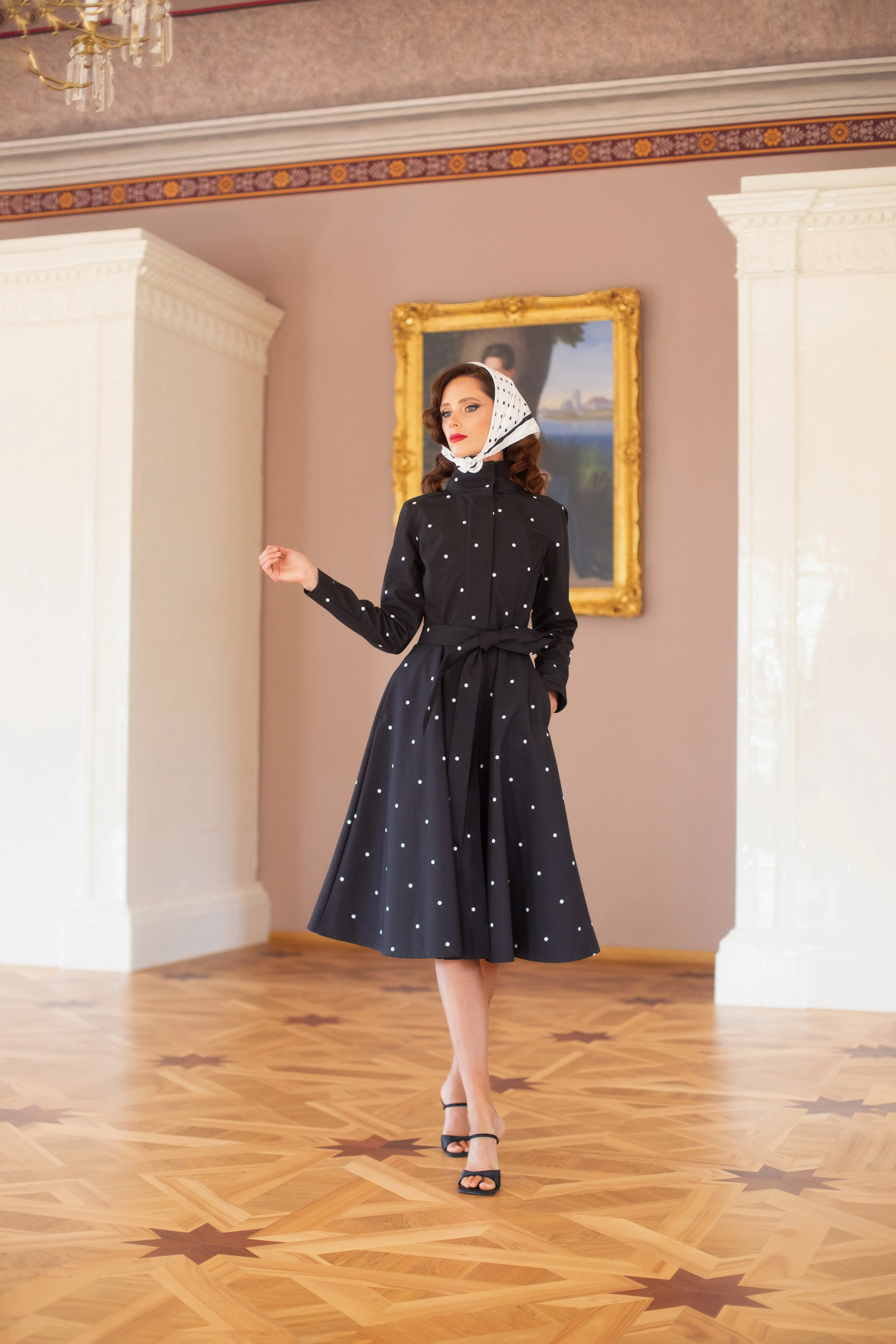 Fitted and Flared Coat with A-Line Skirt in Black | 'Timeless Polka Dots'