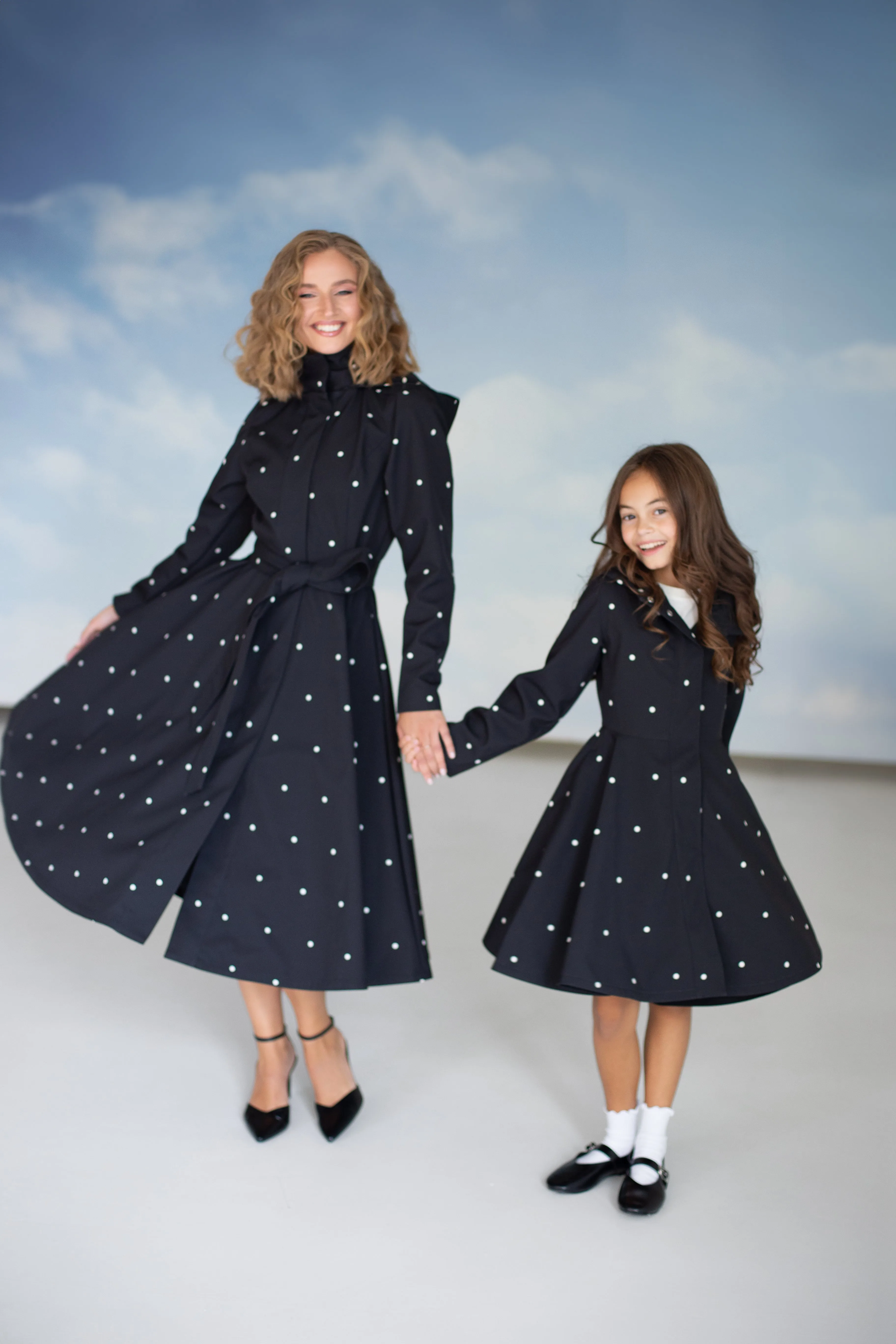 Fitted and Flared Coat with A-Line Skirt in Black | 'Timeless Polka Dots'