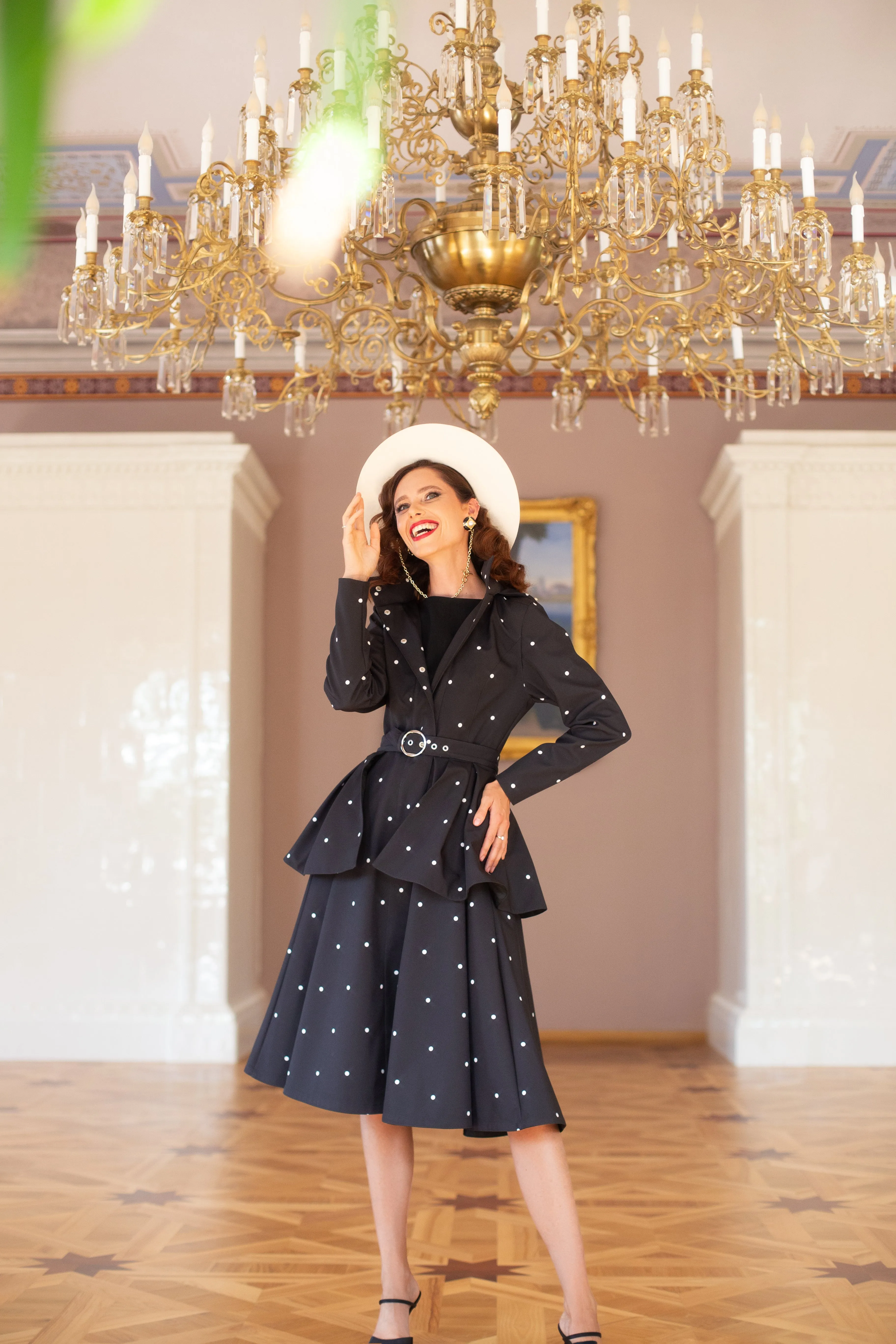 Fitted and Flared Coat with A-Line Skirt in Black | 'Timeless Polka Dots'