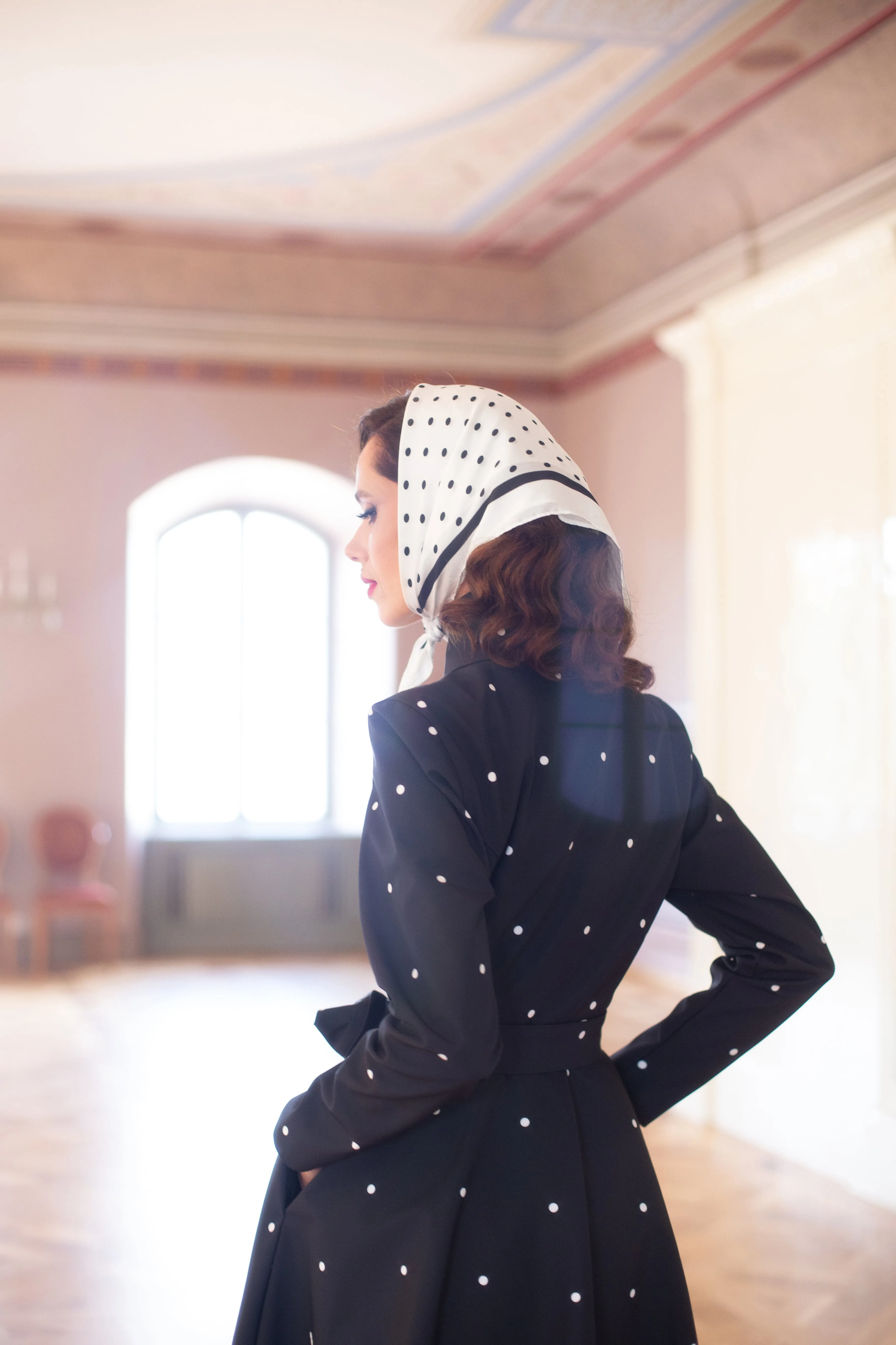 Fitted and Flared Coat with A-Line Skirt in Black | 'Timeless Polka Dots'