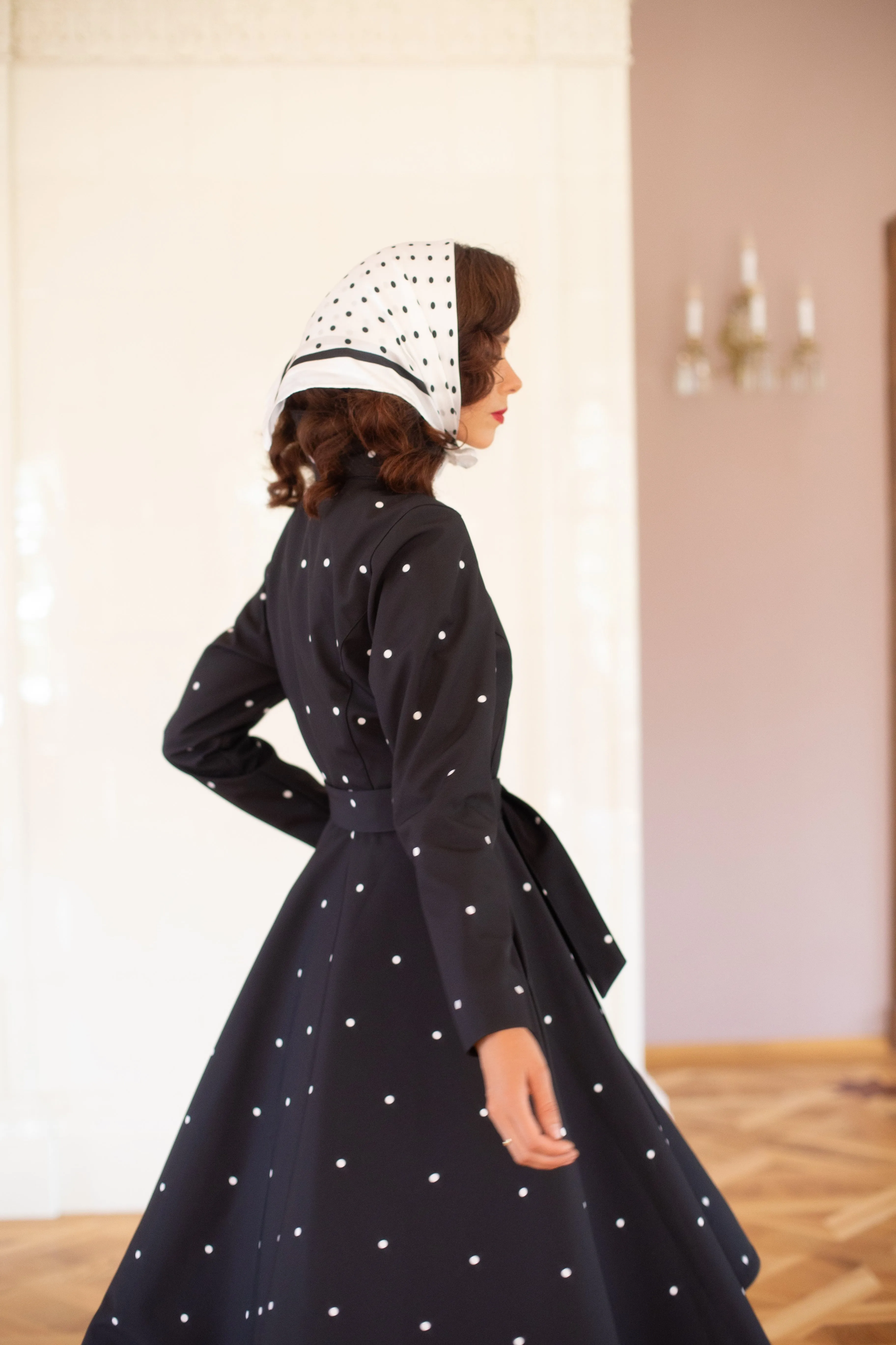 Fitted and Flared Coat with A-Line Skirt in Black | 'Timeless Polka Dots'