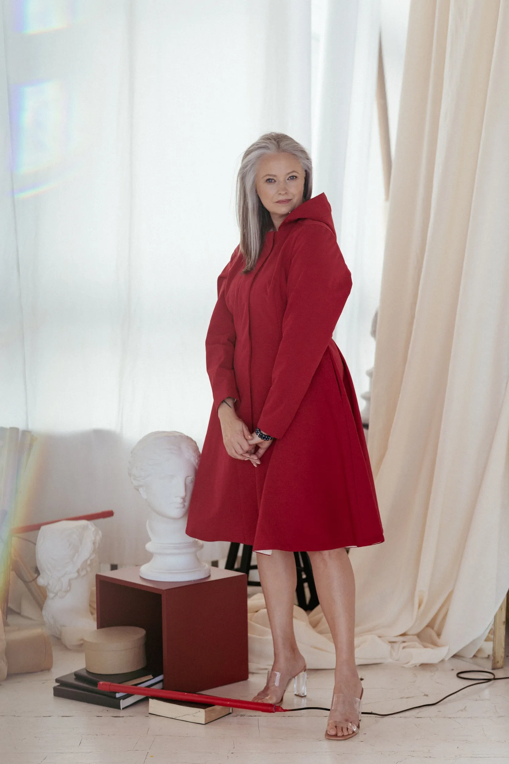 Fitted and Flared Coat with Pleated Back in Deep Red | 'Scarlet Red'