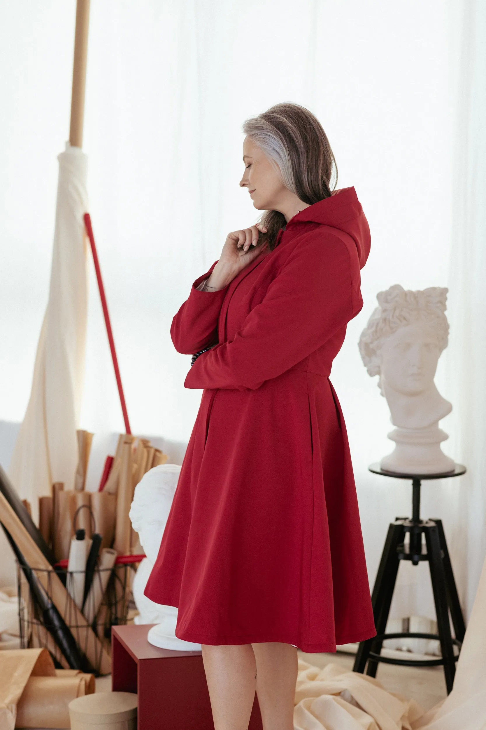 Fitted and Flared Coat with Pleated Back in Deep Red | 'Scarlet Red'