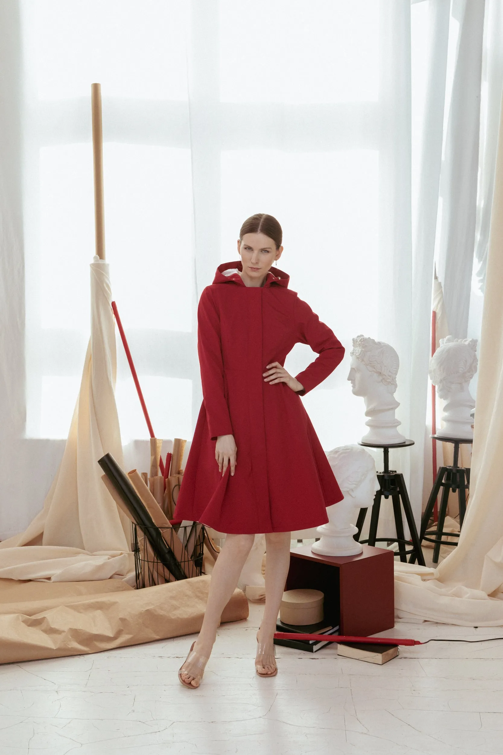 Fitted and Flared Coat with Pleated Back in Deep Red | 'Scarlet Red'