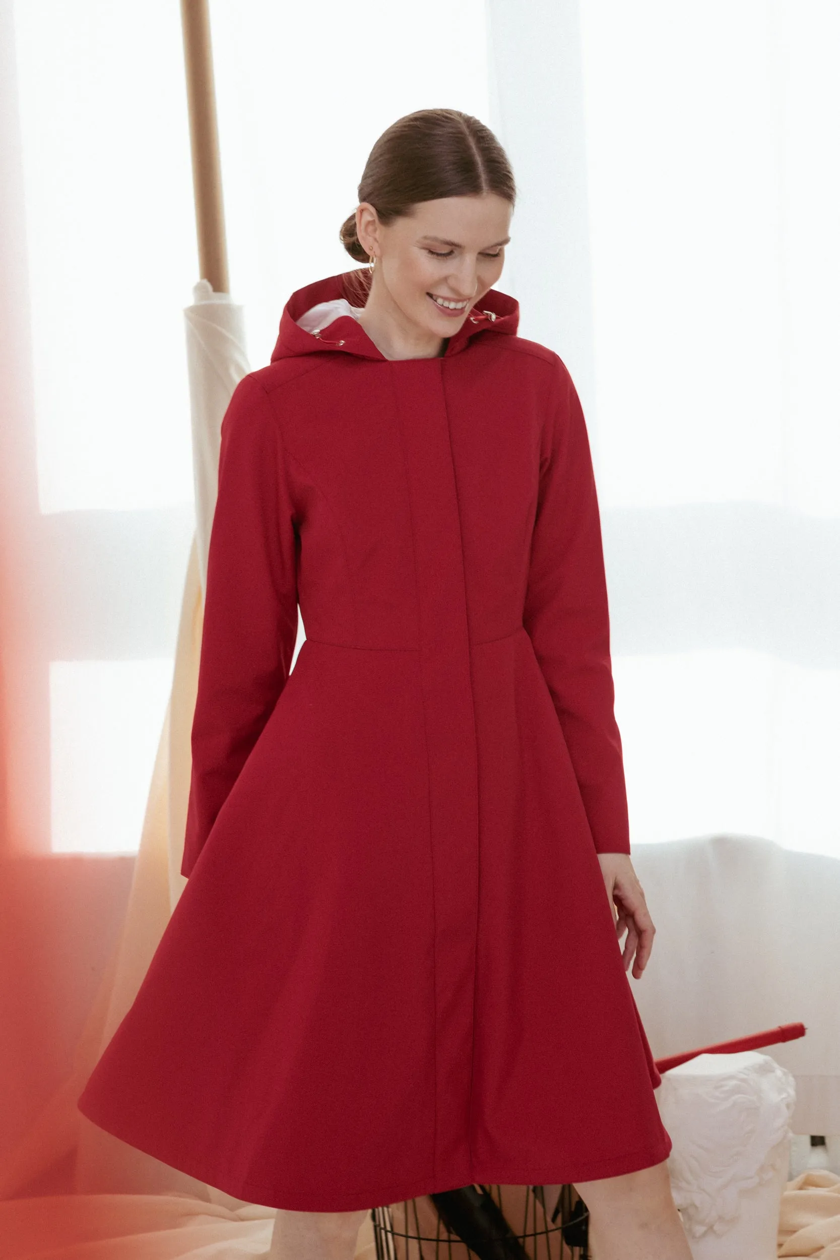 Fitted and Flared Coat with Pleated Back in Deep Red | 'Scarlet Red'