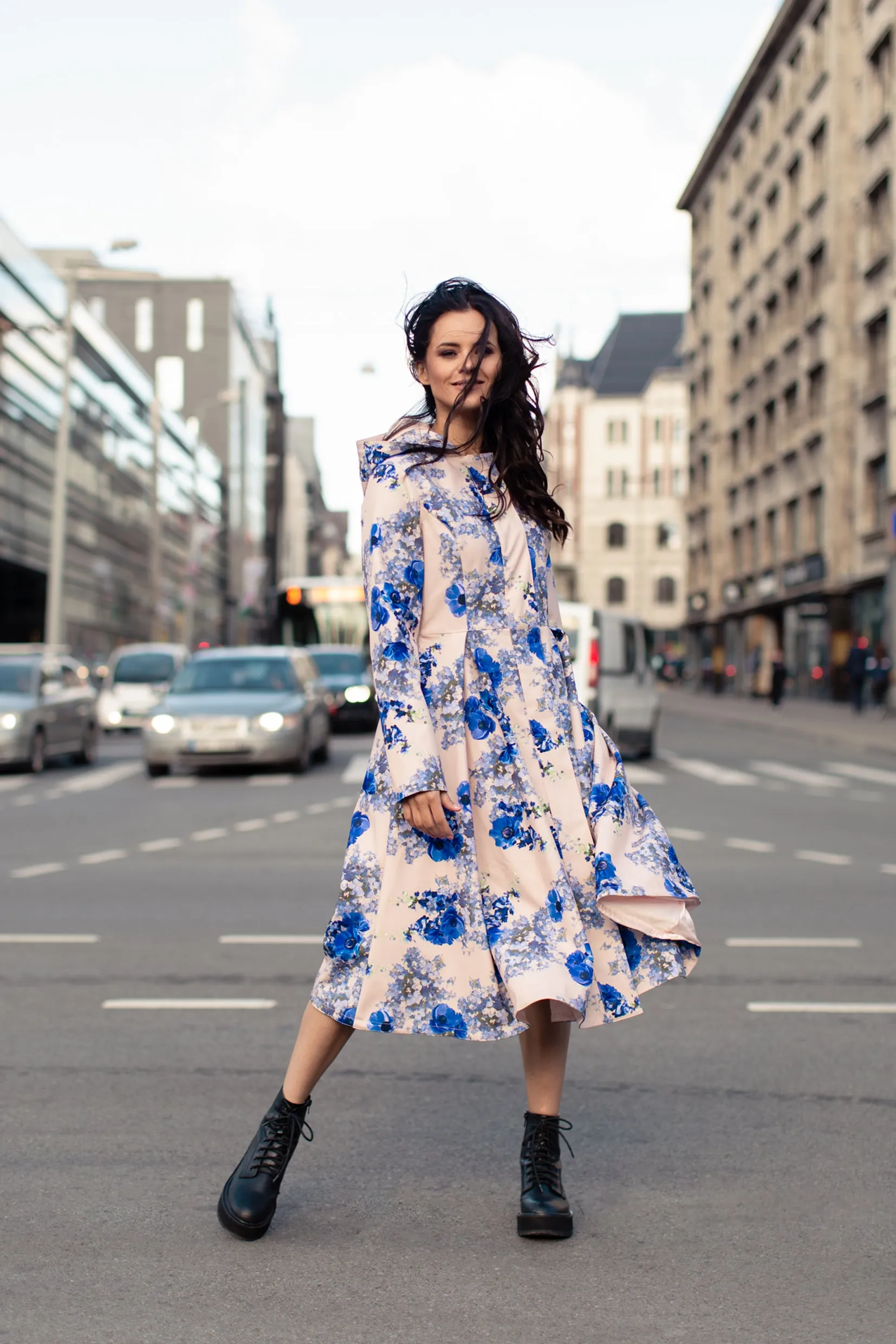 Fitted and Flared Coat with Pleated Skirts in Beige and Blue | 'Cornflower Blue'