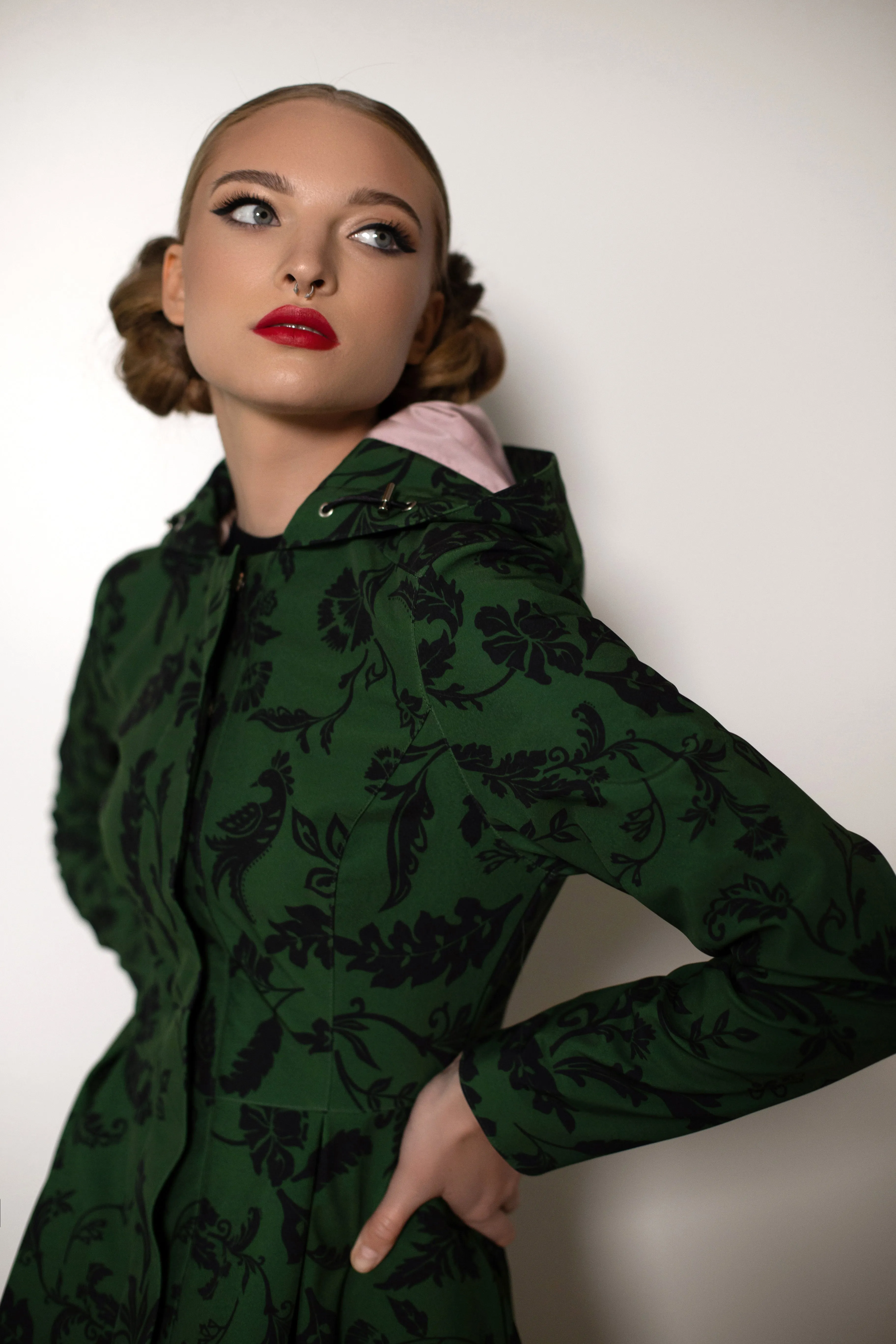 Fitted Coat with Pleated Flared Skirt in Green and Black | 'Forest Flower'