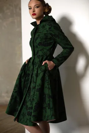 Fitted Coat with Pleated Flared Skirt in Green and Black | 'Forest Flower'