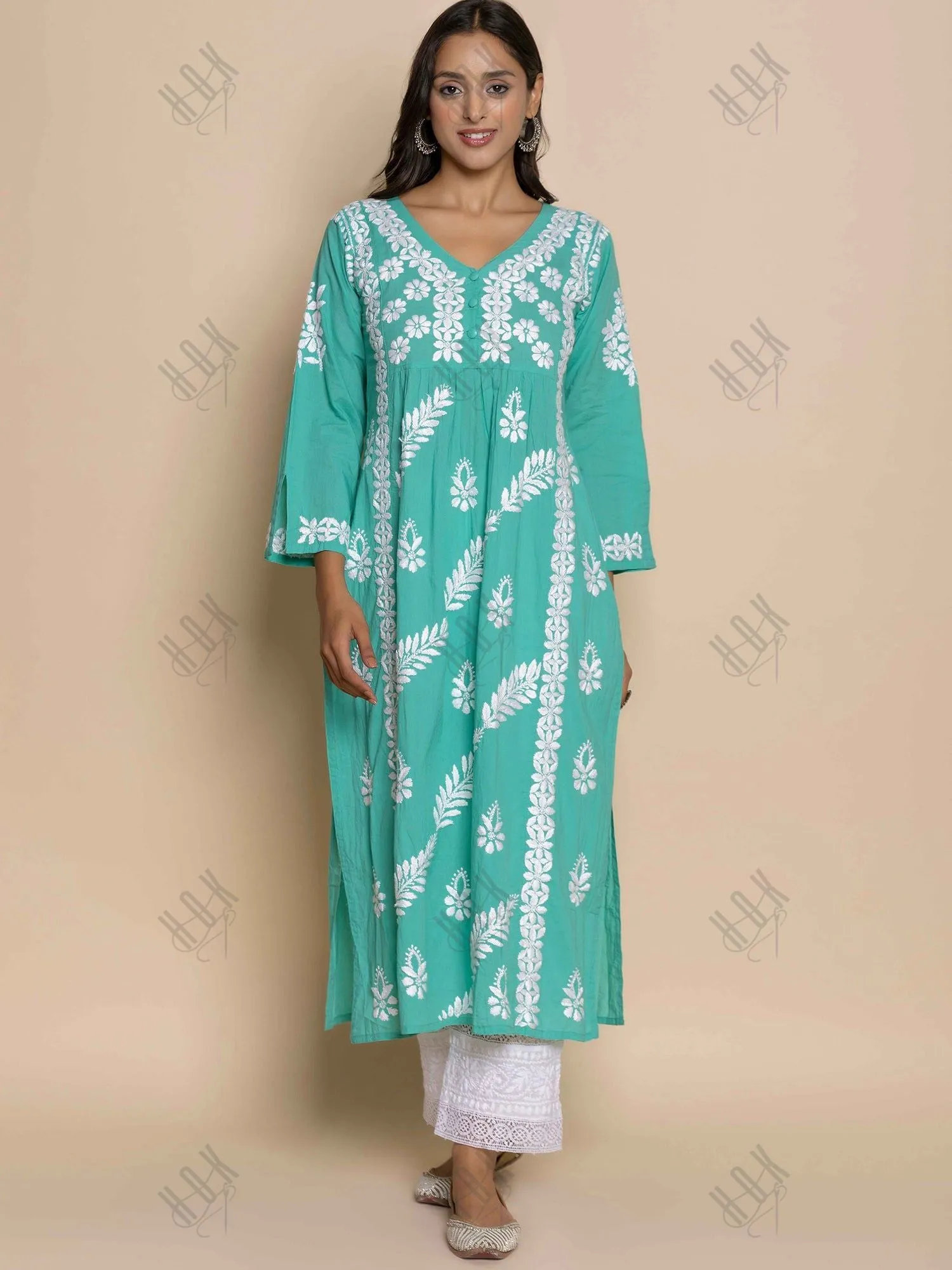 Fizaa Chikankari Kurta in Cotton V Neck Sea Green